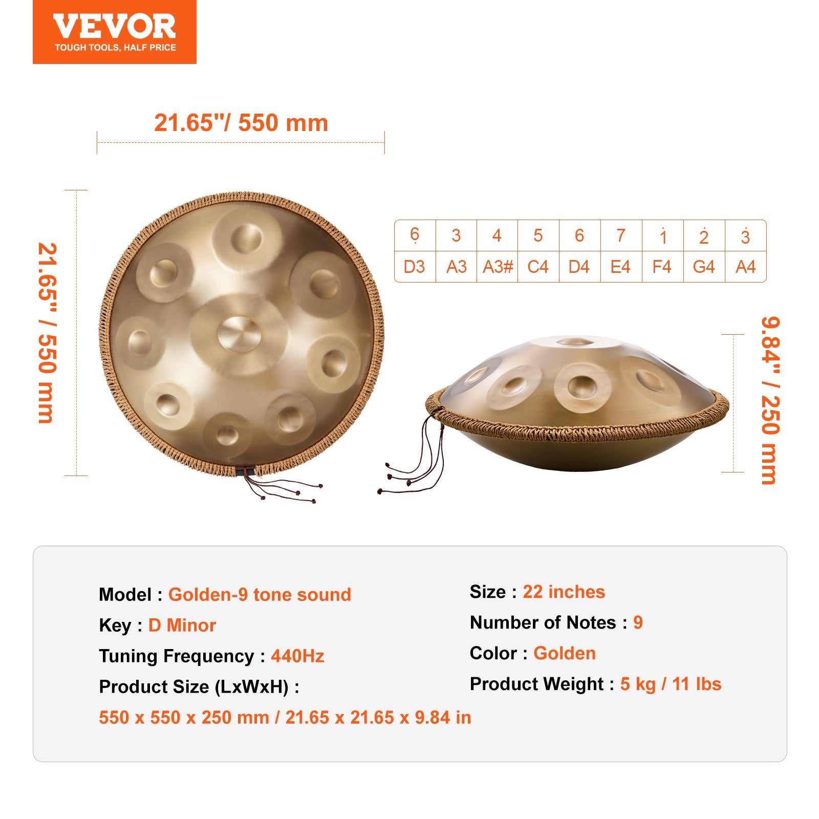 Handpan Drum 22 in 9 Notes D Minor Steel Hand Drum with Mallets for Adult V952-SDG22INCH9YDCVIEZV0