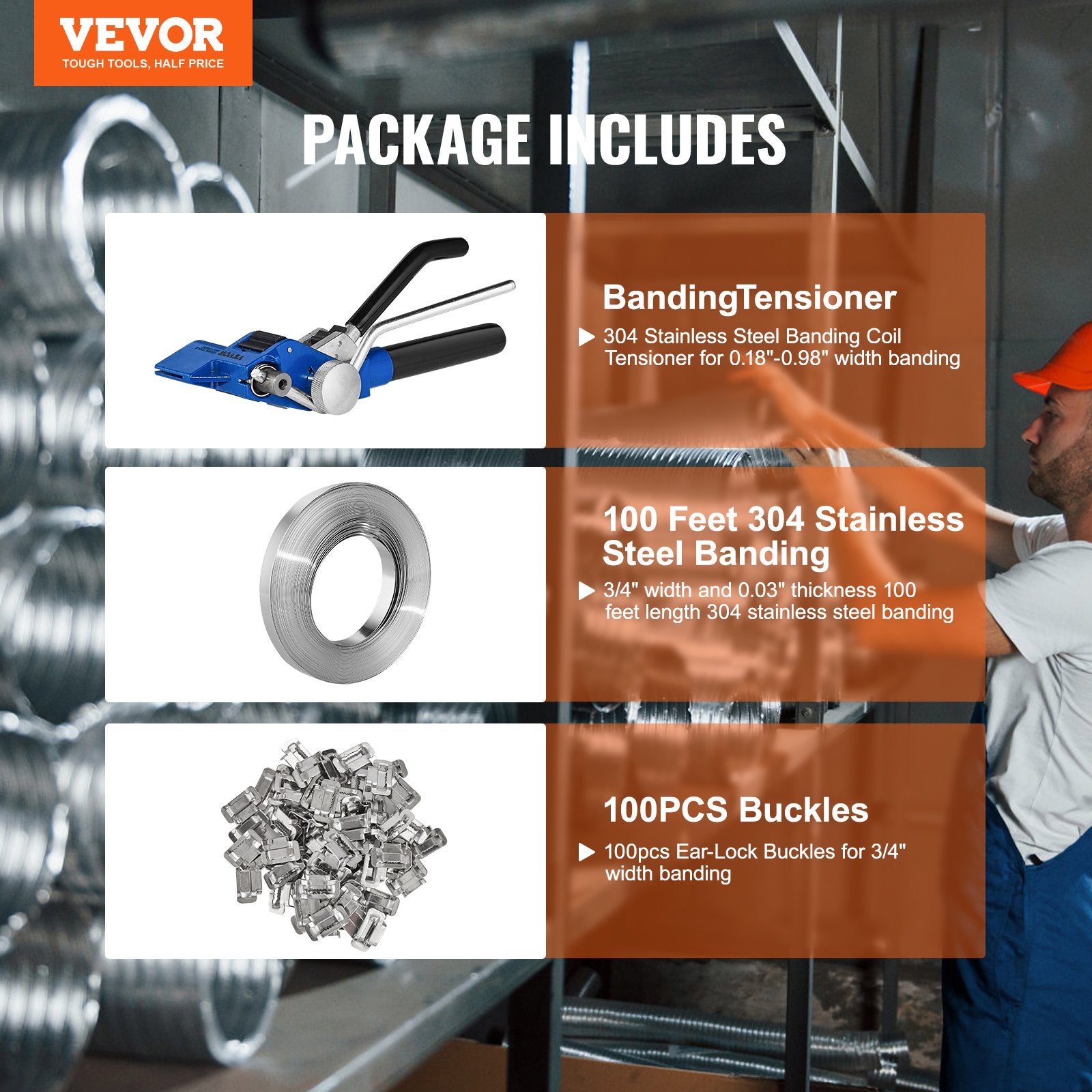 Banding Strapping Kit with Strapping Tensioner Tool, 30 m Length 304 Stainless Steel Banding, 100 Metal V952-SDGDDBJ30M10QCXLZV0