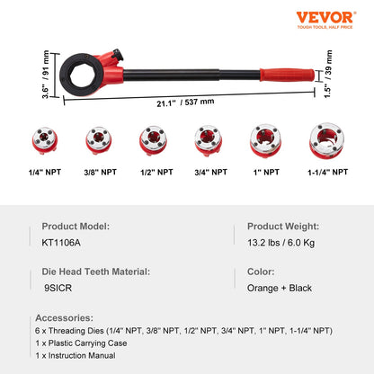 Ratchet Pipe Threader Kit, 1/4" NPT - 1-1/4" NPT Manual Ratcheting Pipe Threader, Portable Pipe Threading V952-SDGLWQJG614381V21V0