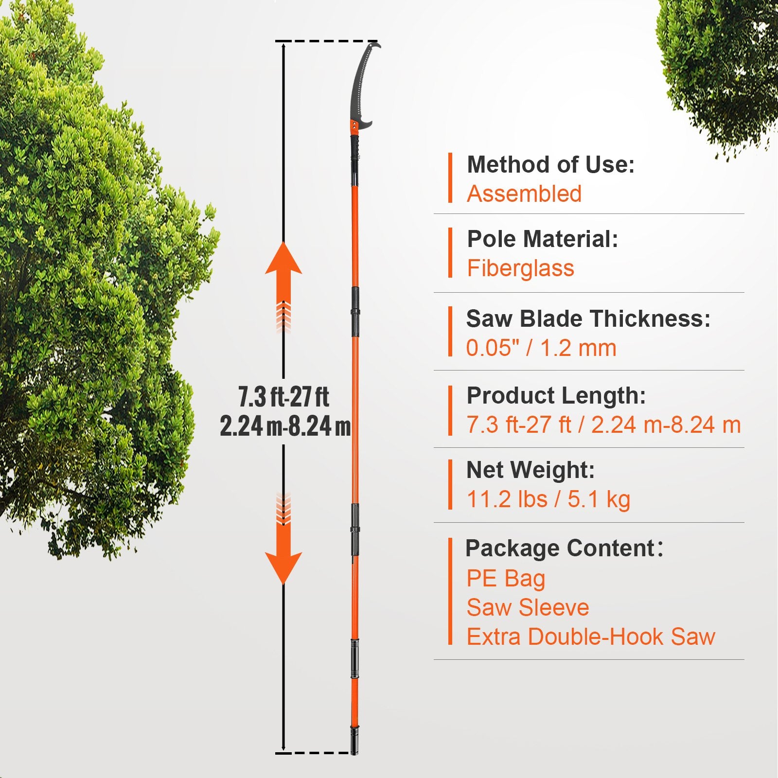 Manual Pole Saw, 2.24 m-8.24 m Extendable Tree Pruner, Sharp Steel Blade High Branches Trimming, Manual V952-SDGZJBXZZK8M8DKWOV0