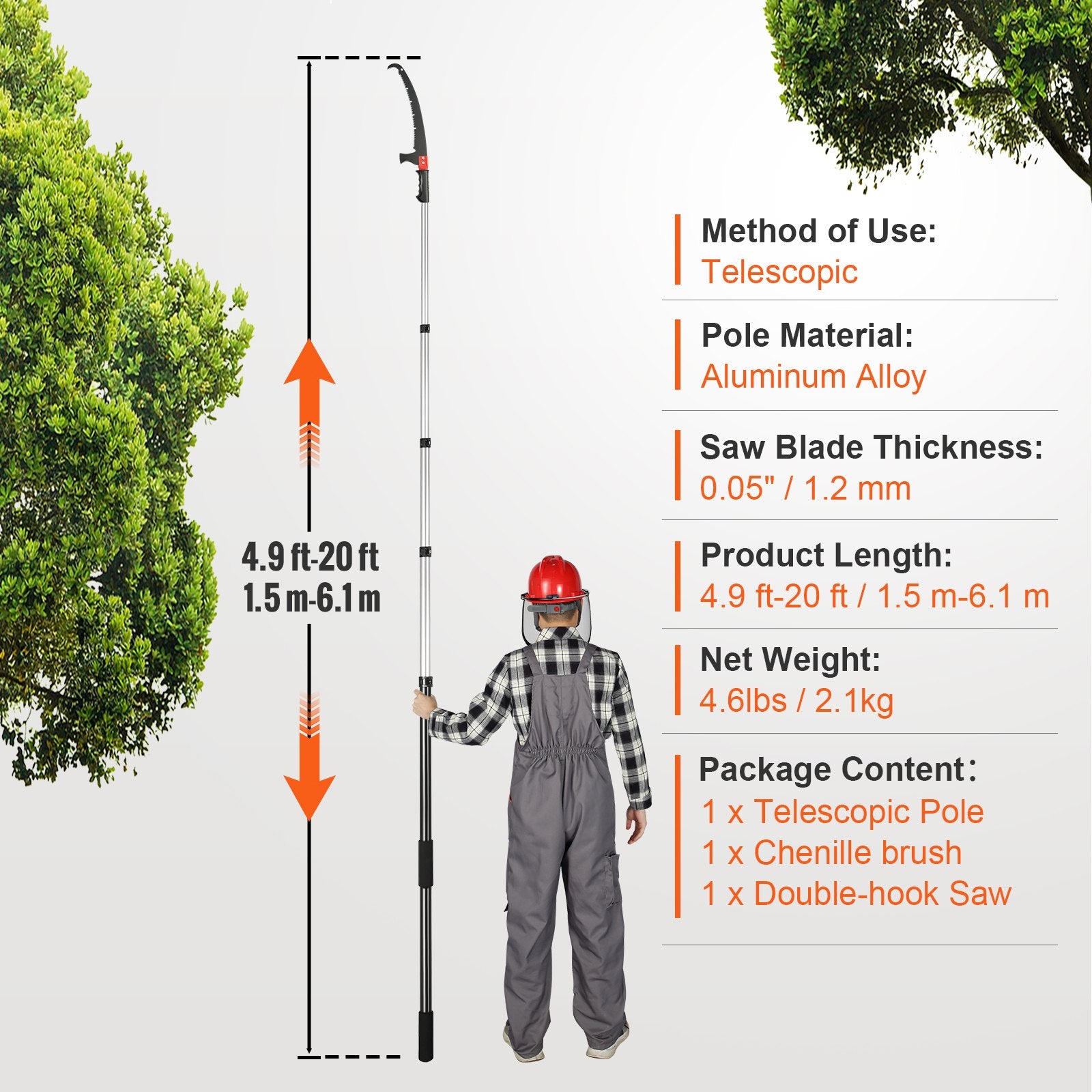 Manual Pole Saw Extendable Tree Pruner 1.5 m-6.1 m Aluminum Alloy Pole V952-SDGZJLHJSS6M55FPJV0