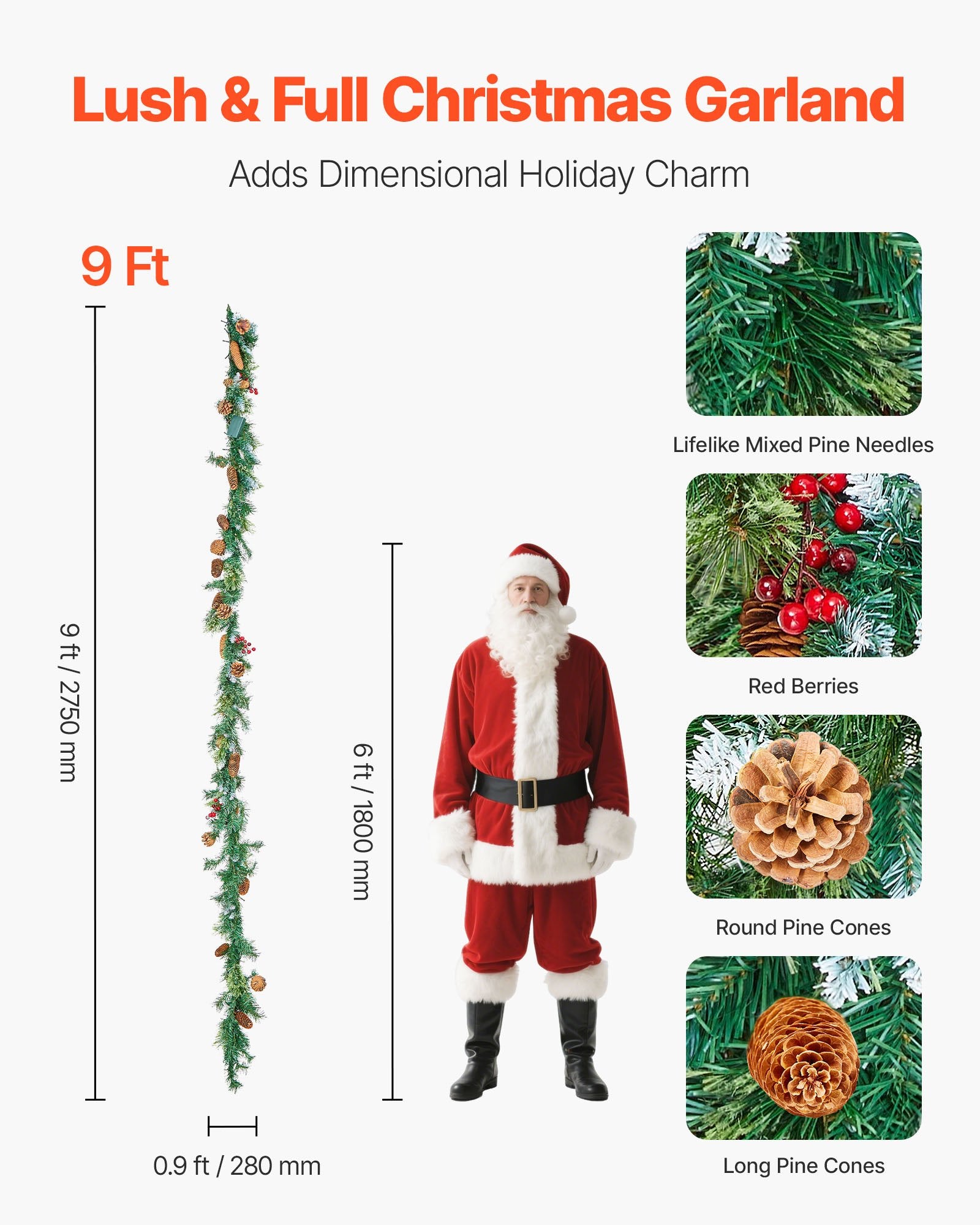 Christmas Garland, 2750mm Artificial Christmas Garland with Light String, Faux Greenery Decoration with Berry V952-SDHDHHSYSG9FC6AVU001V9