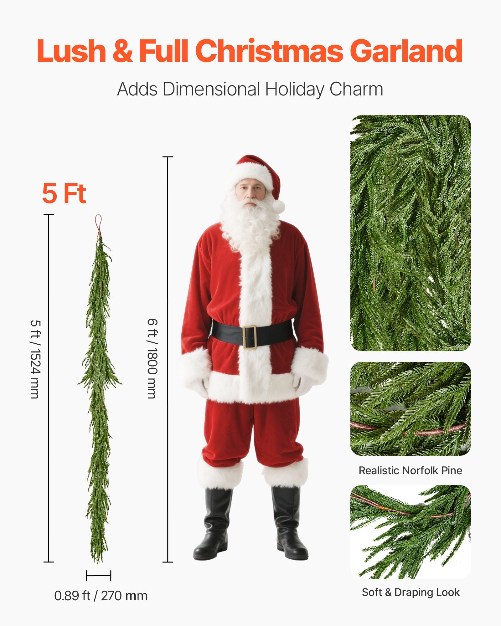 Christmas Garland, 1524 mm Realistic Norfolk Pine Garland, Evergreen Real Touch Artificial Faux Greenery V952-SDHDNFKS5FTBWIRUJ001V0