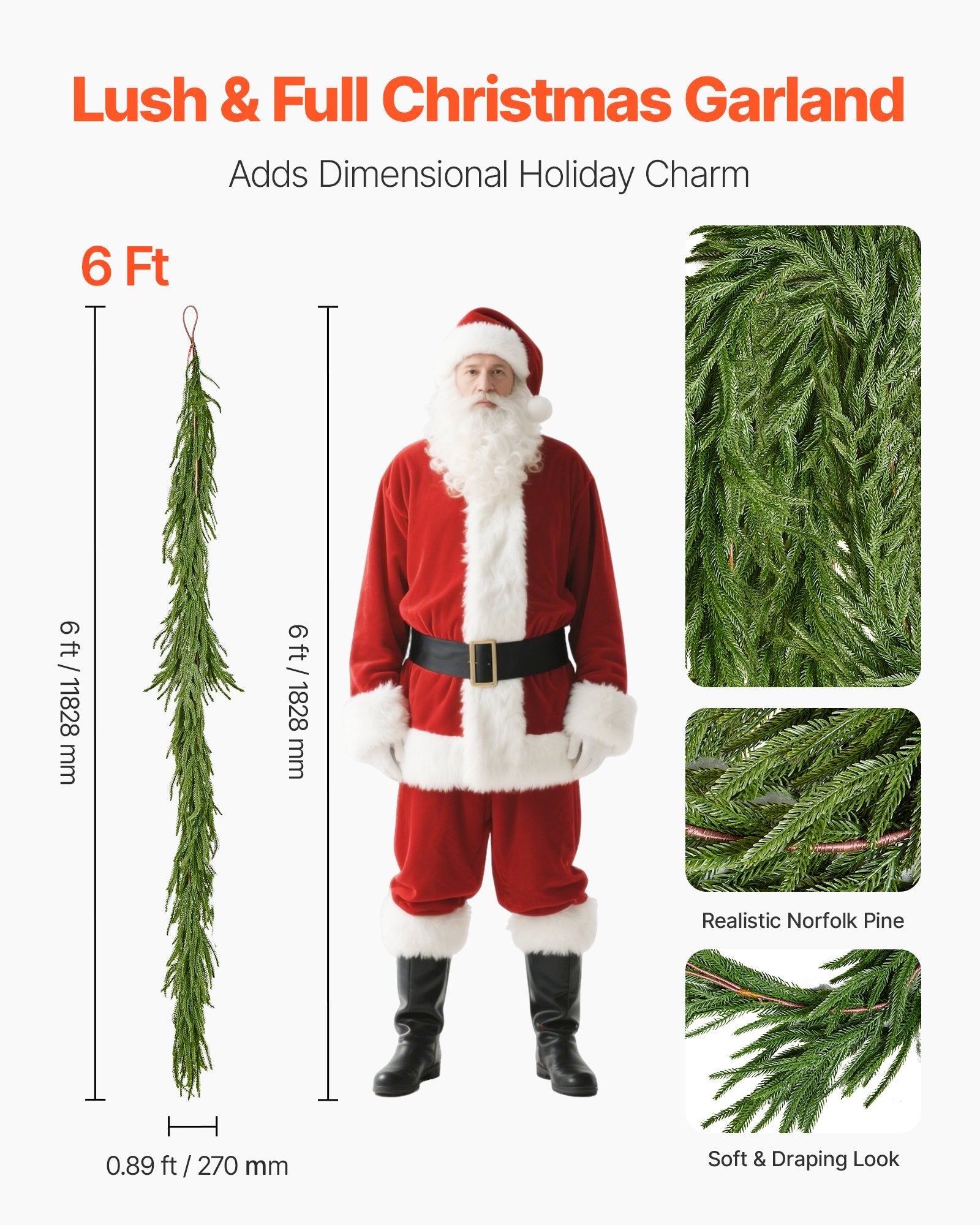 Christmas Garland, 1828 mm Realistic Norfolk Pine Garland, Evergreen Real Touch Artificial Faux Greenery V952-SDHDNFKS6FTB672U6001V0