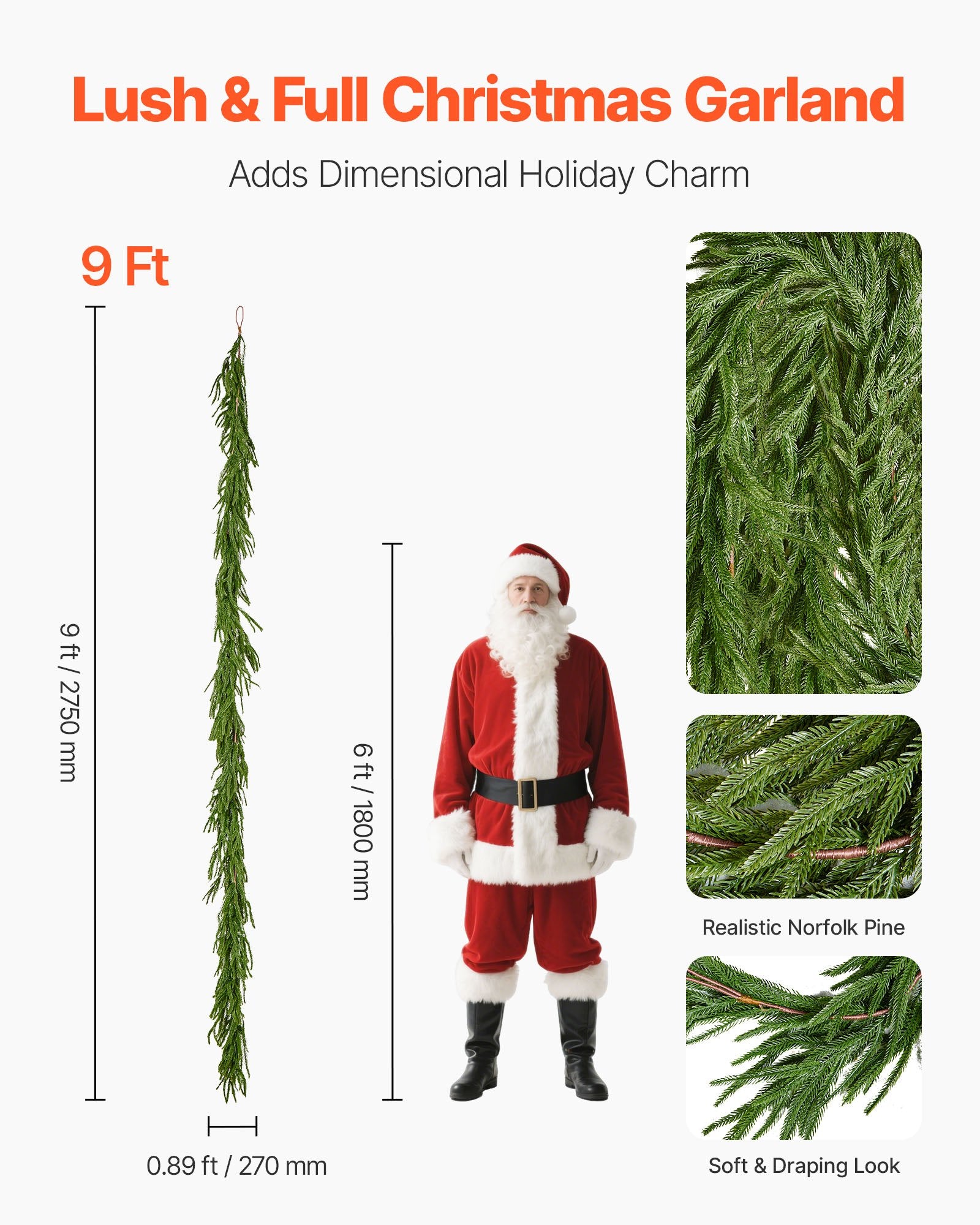 Christmas Garland, 2750 mm Realistic Norfolk Pine Garland, Evergreen Real Touch Artificial Faux Greenery V952-SDHDNFKS9FTB7B87R001V0