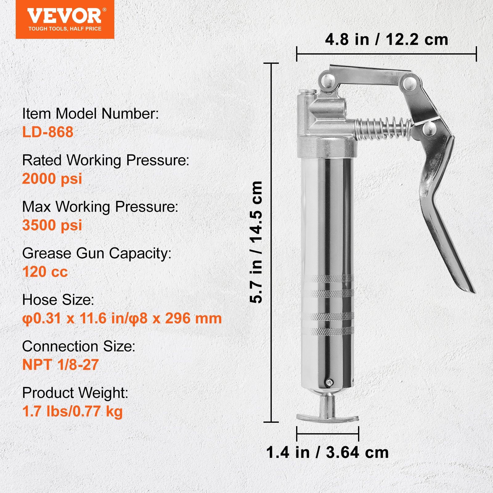 Pistol Grip Grease Gun, 3500 PSI, 4 OZ / 120 CC Capacity Heavy Duty Professional Grease Gun, with 11.65 Inch V952-SDHYQSQSW12INN429V0