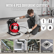 Drain Cleaner Machine 50FT x 1/2Inch Manual Feed Snake Auger with 4 Cutter V952-SDJJKLSGDSTJA6DFTV3