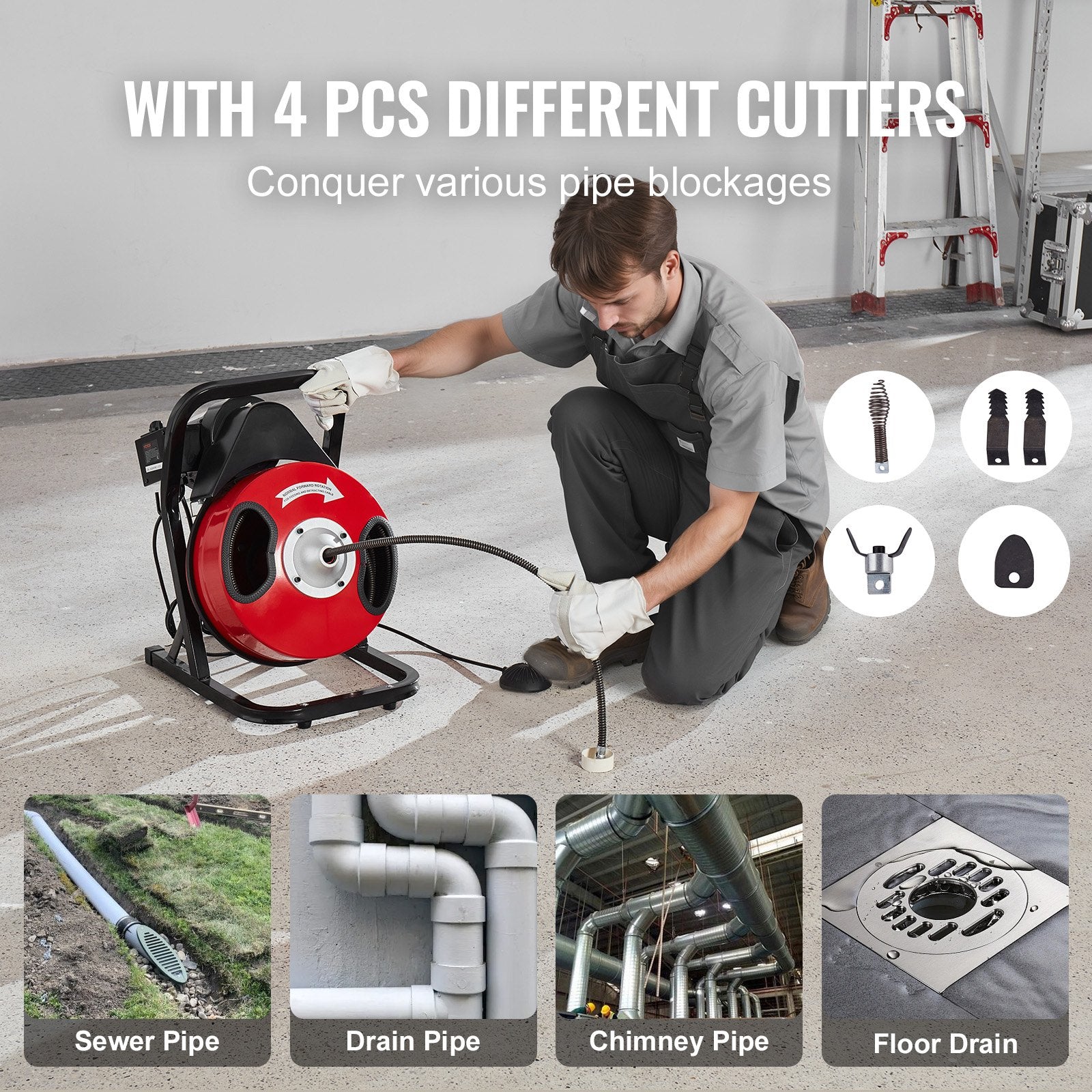 Drain Cleaner Machine 50FT x 1/2Inch Manual Feed Snake Auger with 4 Cutter V952-SDJJKLSGDSTJA6DFTV3