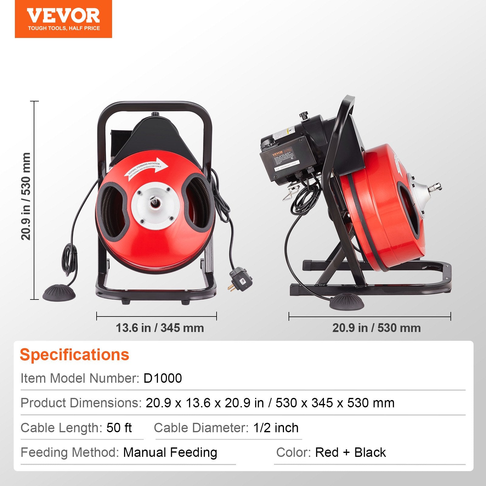 Drain Cleaner Machine 50FT x 1/2Inch Manual Feed Snake Auger with 4 Cutter V952-SDJJKLSGDSTJA6DFTV3