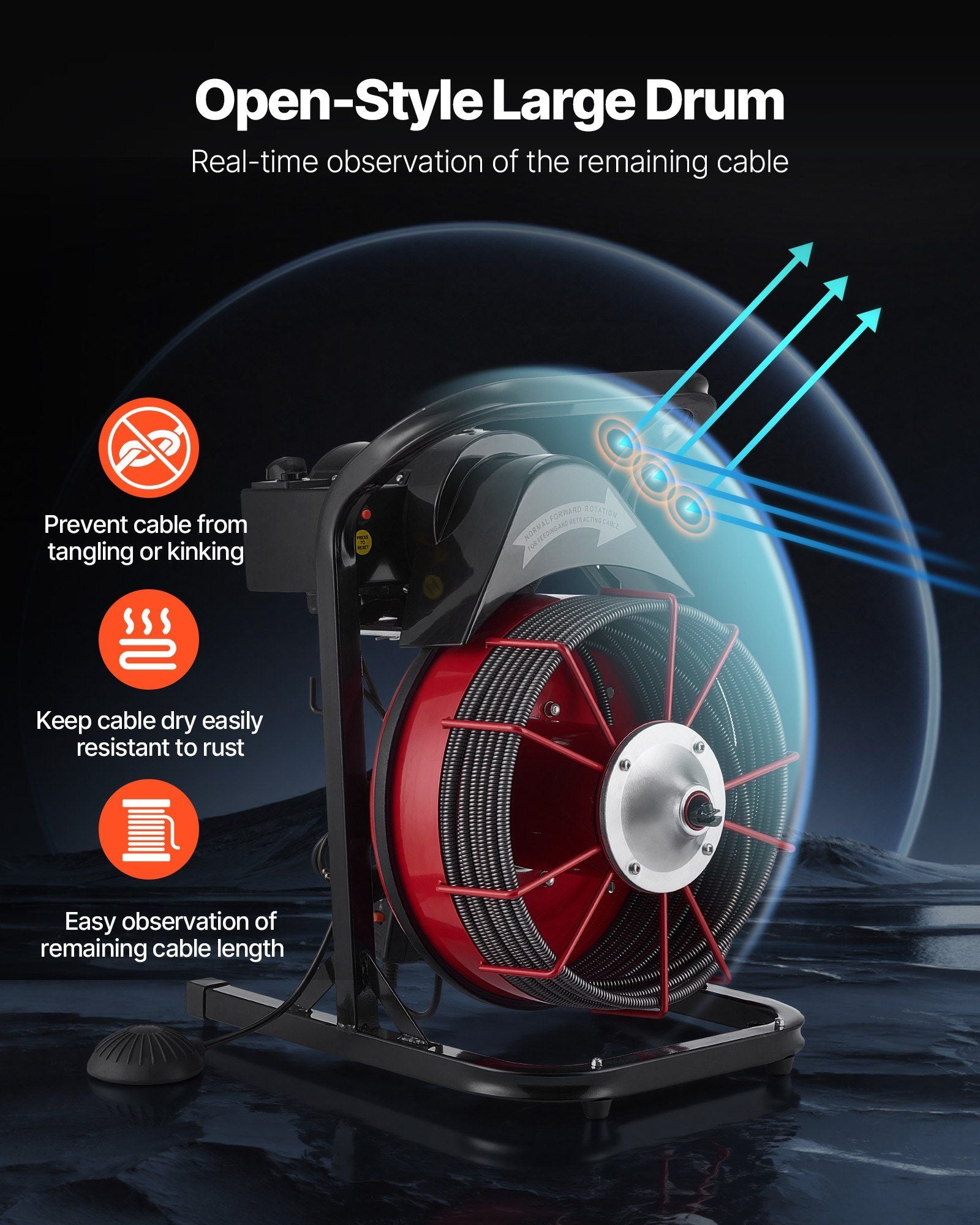 Drain Cleaner Machine 23m x 13mm, Sewer Snake Auger Manual Feed with 4 Cutters & Air-activated Foot Switch V952-SDJJKLSGDSTJGDO6A002V3