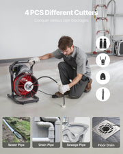 Drain Cleaner Machine 23m x 13mm, Sewer Snake Auger Manual Feed with 4 Cutters & Air-activated Foot Switch V952-SDJJKLSGDSTJGDO6A002V3