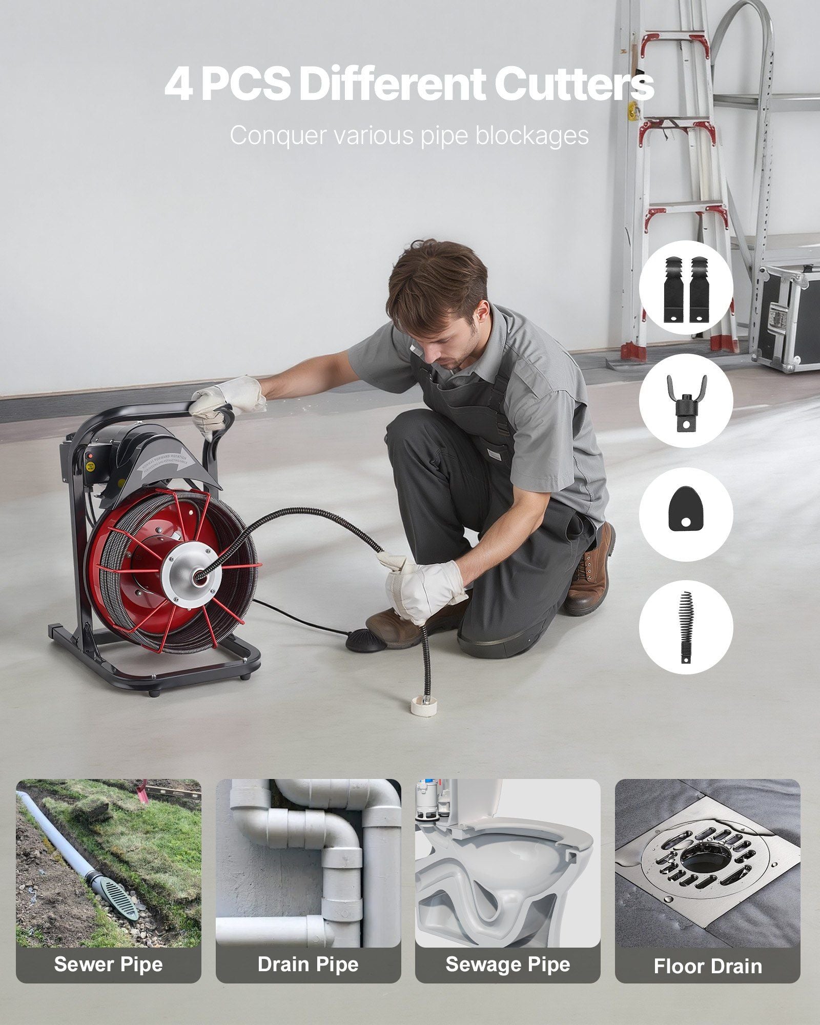 Drain Cleaner Machine 23m x 13mm, Sewer Snake Auger Manual Feed with 4 Cutters & Air-activated Foot Switch V952-SDJJKLSGDSTJGDO6A002V3