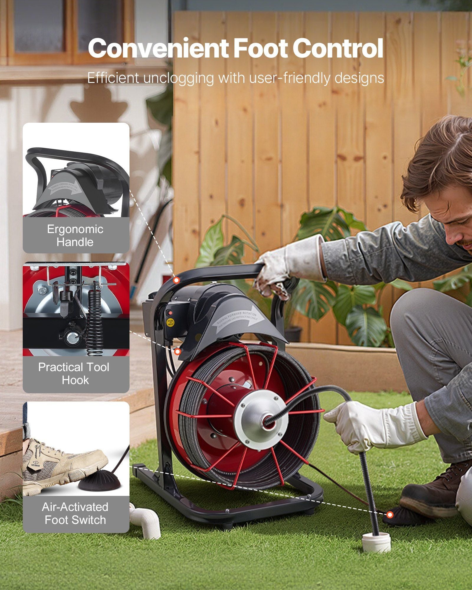 Drain Cleaner Machine 23m x 13mm, Sewer Snake Auger Manual Feed with 4 Cutters & Air-activated Foot Switch V952-SDJJKLSGDSTJGDO6A002V3