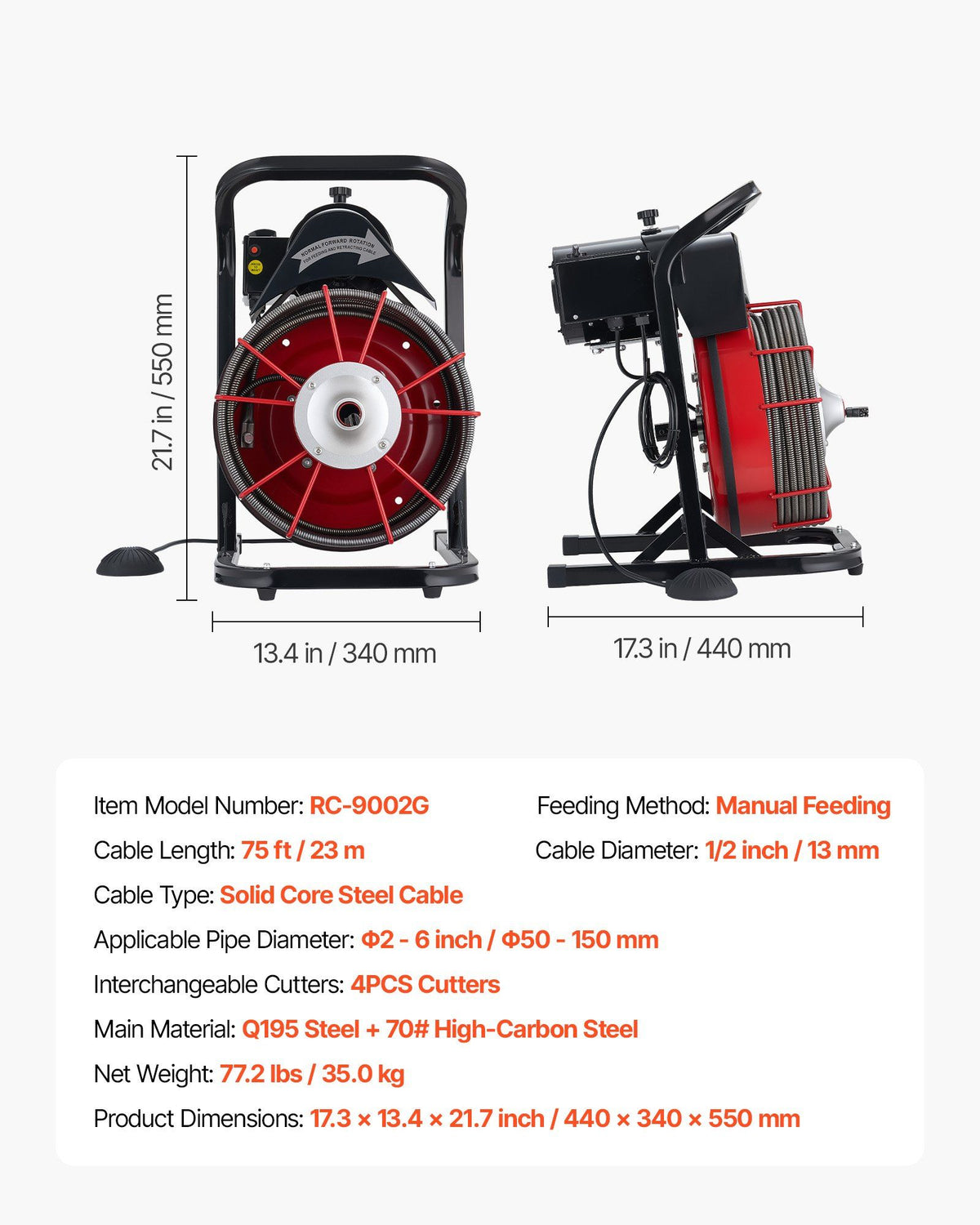 Drain Cleaner Machine 23m x 13mm, Sewer Snake Auger Manual Feed with 4 Cutters & Air-activated Foot Switch V952-SDJJKLSGDSTJGDO6A002V3