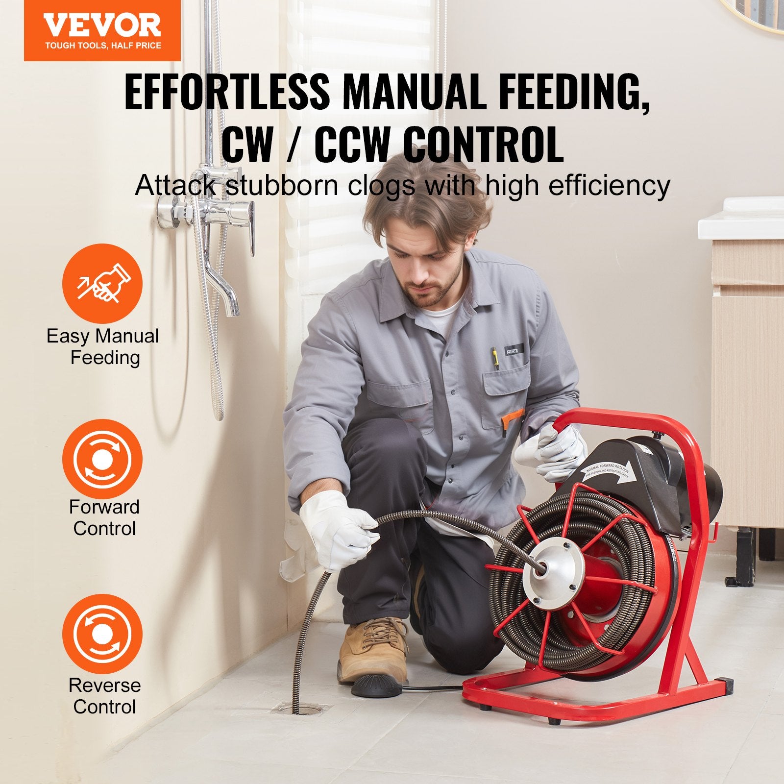 Drain Cleaner Machine Drain Auger 75FT x 1/2 Inch Manual Feed & 4 Cutters V952-SDJJKLSGDSTJGDO6AV3
