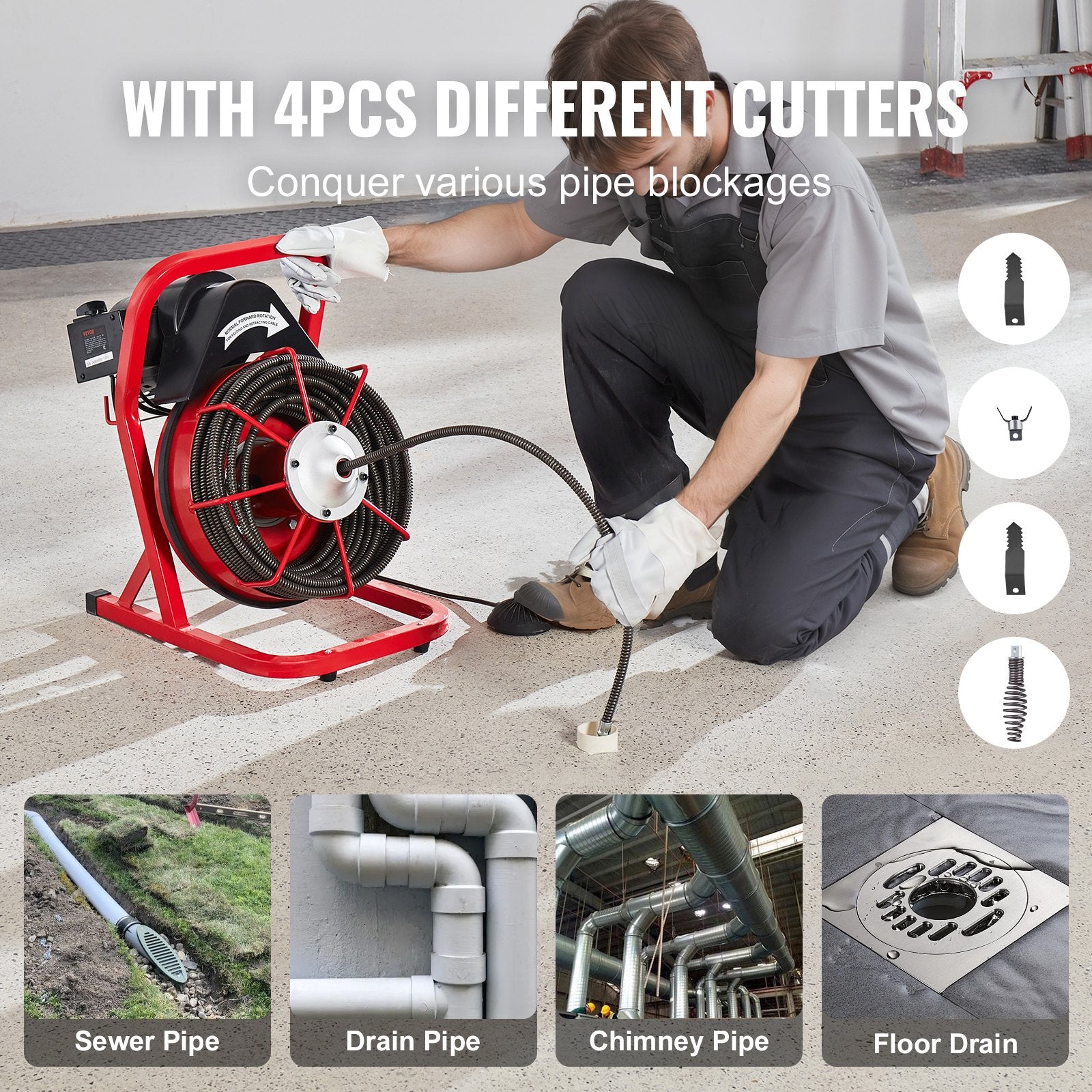 Drain Cleaner Machine Drain Auger 75FT x 1/2 Inch Manual Feed & 4 Cutters V952-SDJJKLSGDSTJGDO6AV3