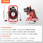 Drain Cleaner Machine Drain Auger 75FT x 1/2 Inch Manual Feed & 4 Cutters V952-SDJJKLSGDSTJGDO6AV3