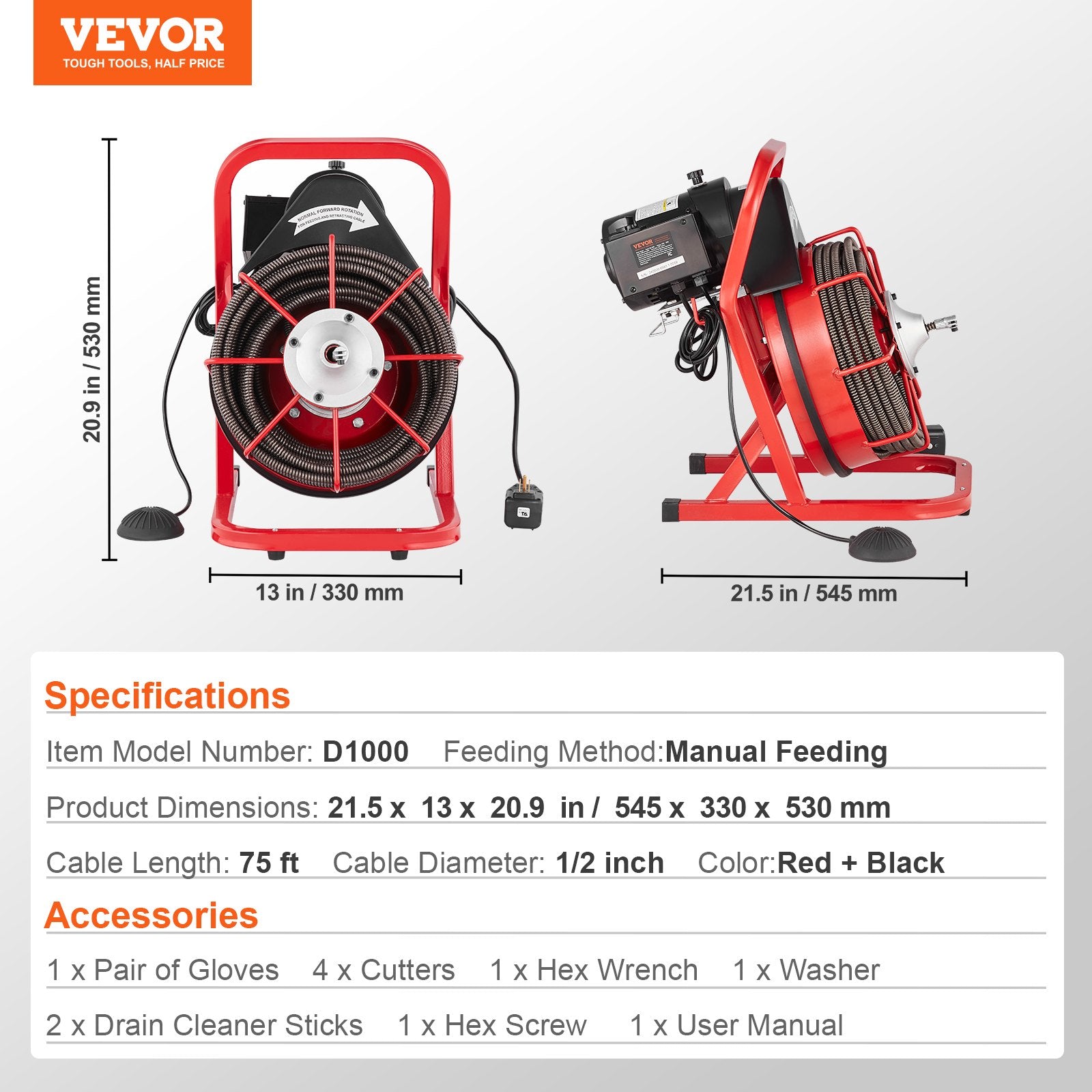 Drain Cleaner Machine Drain Auger 75FT x 1/2 Inch Manual Feed & 4 Cutters V952-SDJJKLSGDSTJGDO6AV3