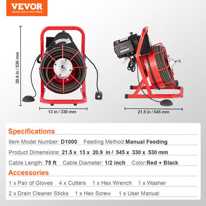 Drain Cleaner Machine Drain Auger 75FT x 1/2 Inch Manual Feed & 4 Cutters V952-SDJJKLSGDSTJGDO6AV3