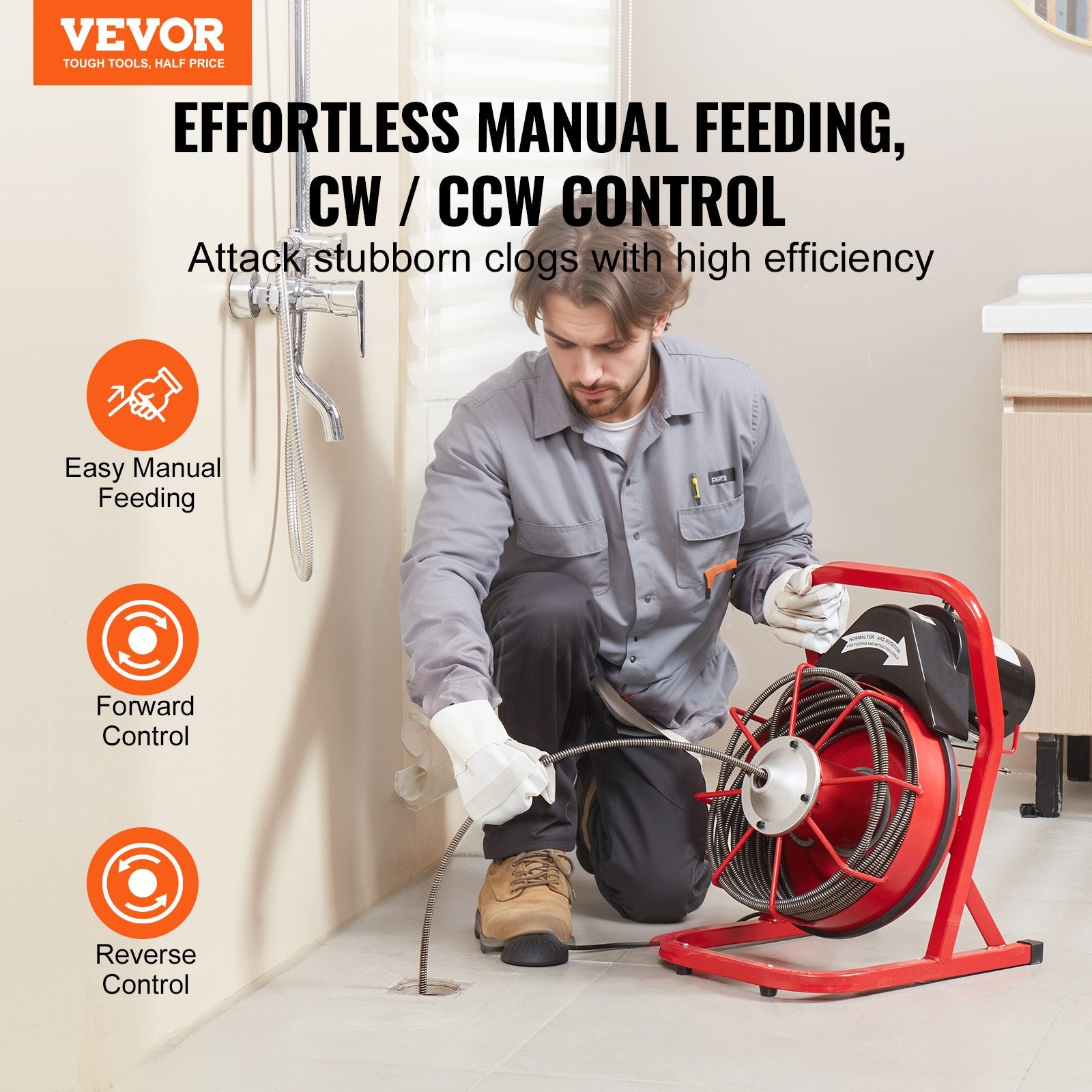 Drain Cleaner Machine Drain Auger 50FT x 3/8 Inch Manual Feed & 4 Cutters V952-SDJJKLSGDSTJVQGHEV3