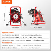 Drain Cleaner Machine Drain Auger 50FT x 3/8 Inch Manual Feed & 4 Cutters V952-SDJJKLSGDSTJVQGHEV3