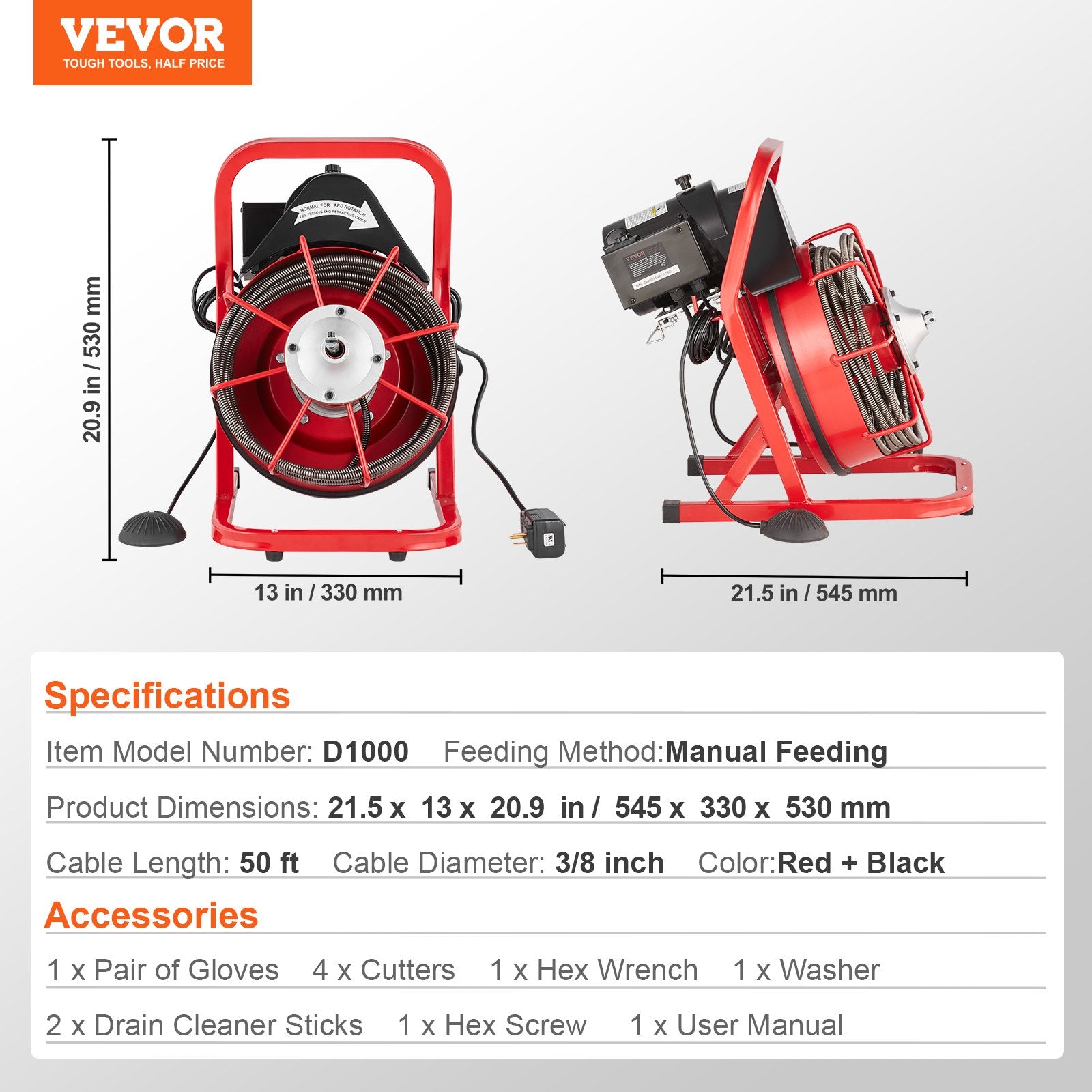 Drain Cleaner Machine Drain Auger 50FT x 3/8 Inch Manual Feed & 4 Cutters V952-SDJJKLSGDSTJVQGHEV3