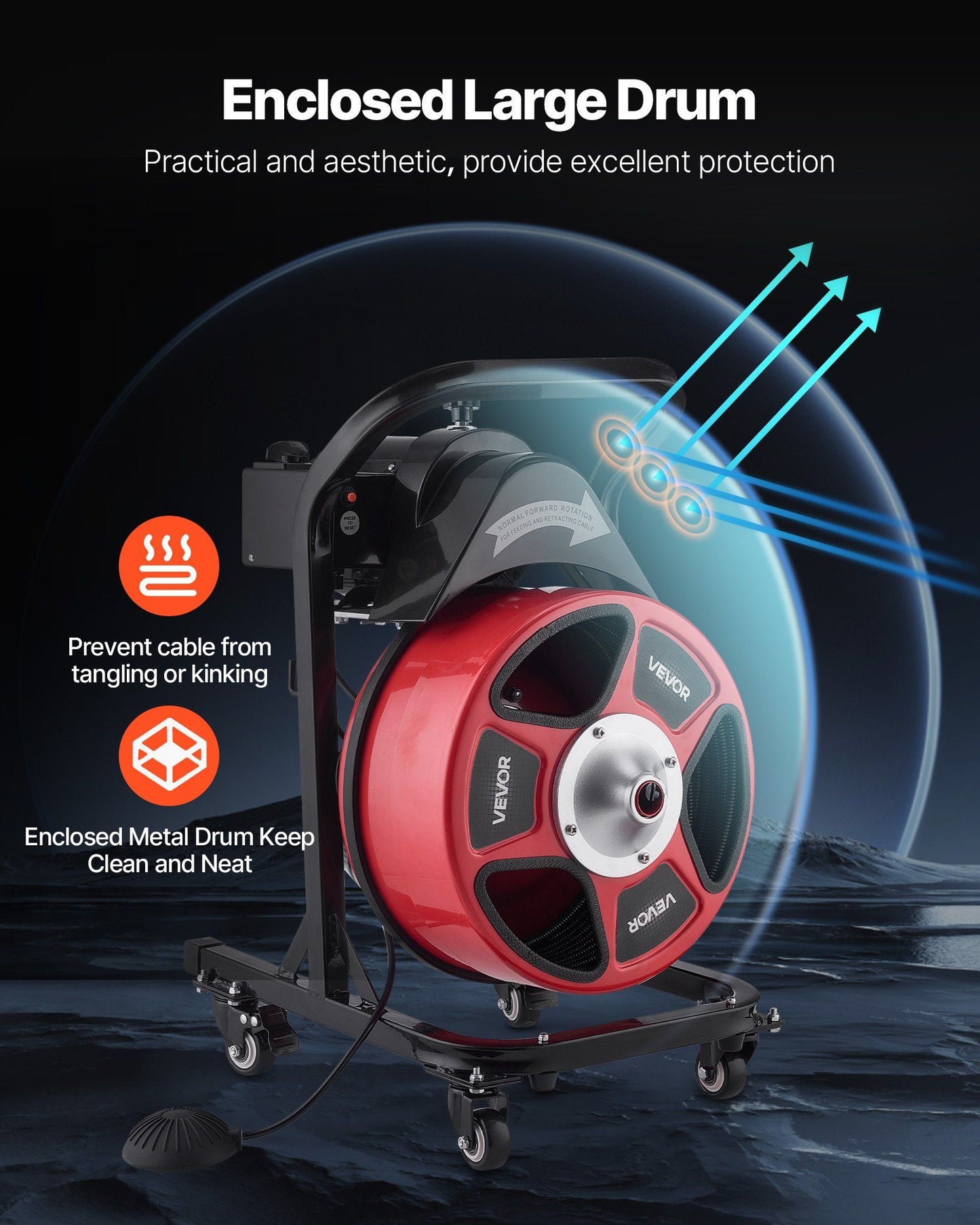 Drain Cleaner Machine 15m x 13mm, Manual Feed Sewer Snake Auger on Wheels - with 4 Cutters & Air-activated V952-SDJJKLSGDSTJWGUIY002V3