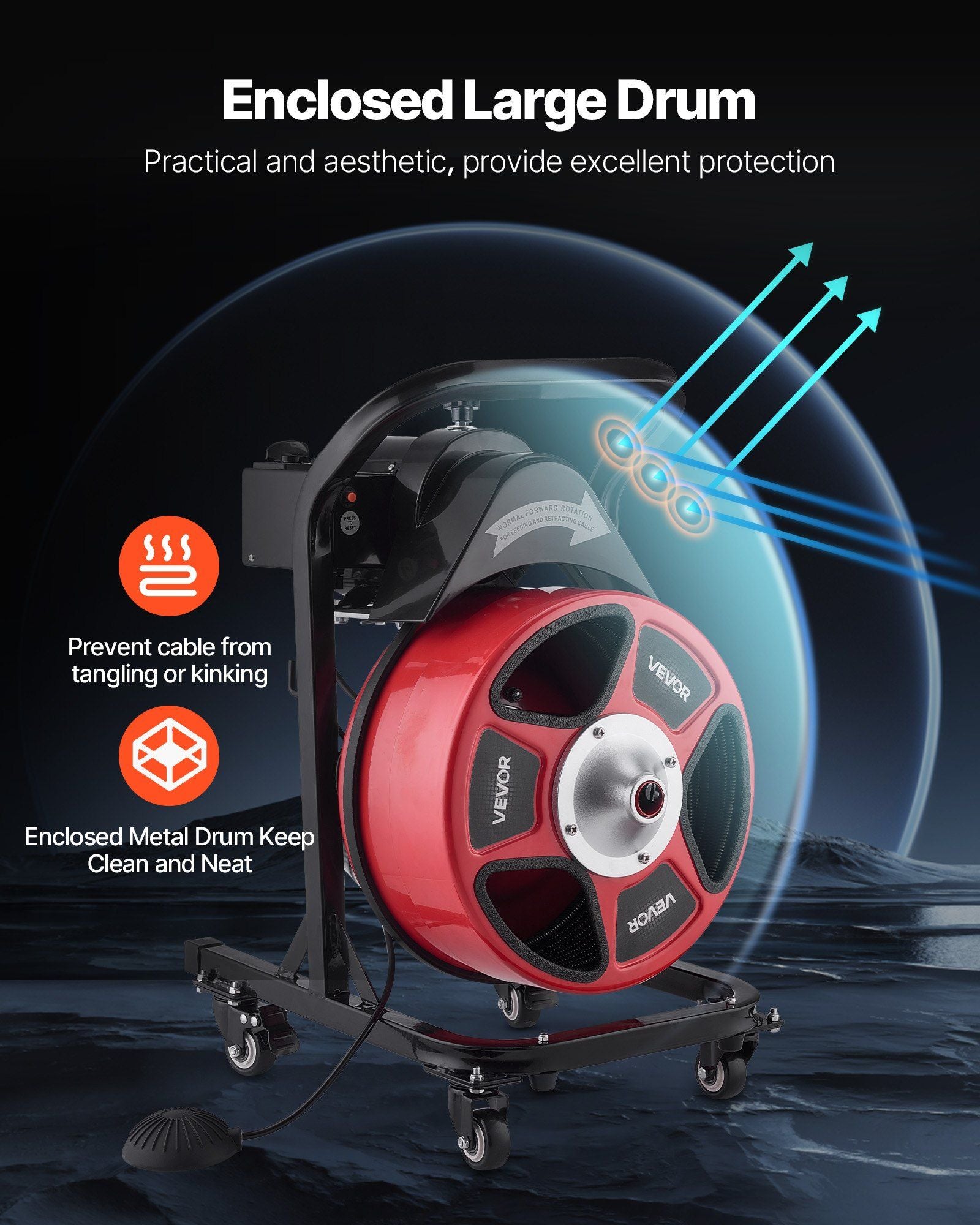 Drain Cleaner Machine 15m x 13mm, Manual Feed Sewer Snake Auger on Wheels - with 4 Cutters & Air-activated V952-SDJJKLSGDSTJWGUIY002V3