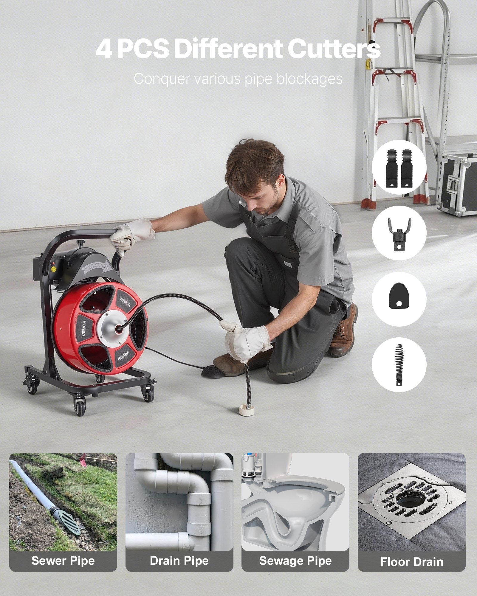 Drain Cleaner Machine 15m x 13mm, Manual Feed Sewer Snake Auger on Wheels - with 4 Cutters & Air-activated V952-SDJJKLSGDSTJWGUIY002V3