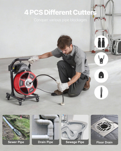 Drain Cleaner Machine 15m x 13mm, Manual Feed Sewer Snake Auger on Wheels - with 4 Cutters & Air-activated V952-SDJJKLSGDSTJWGUIY002V3