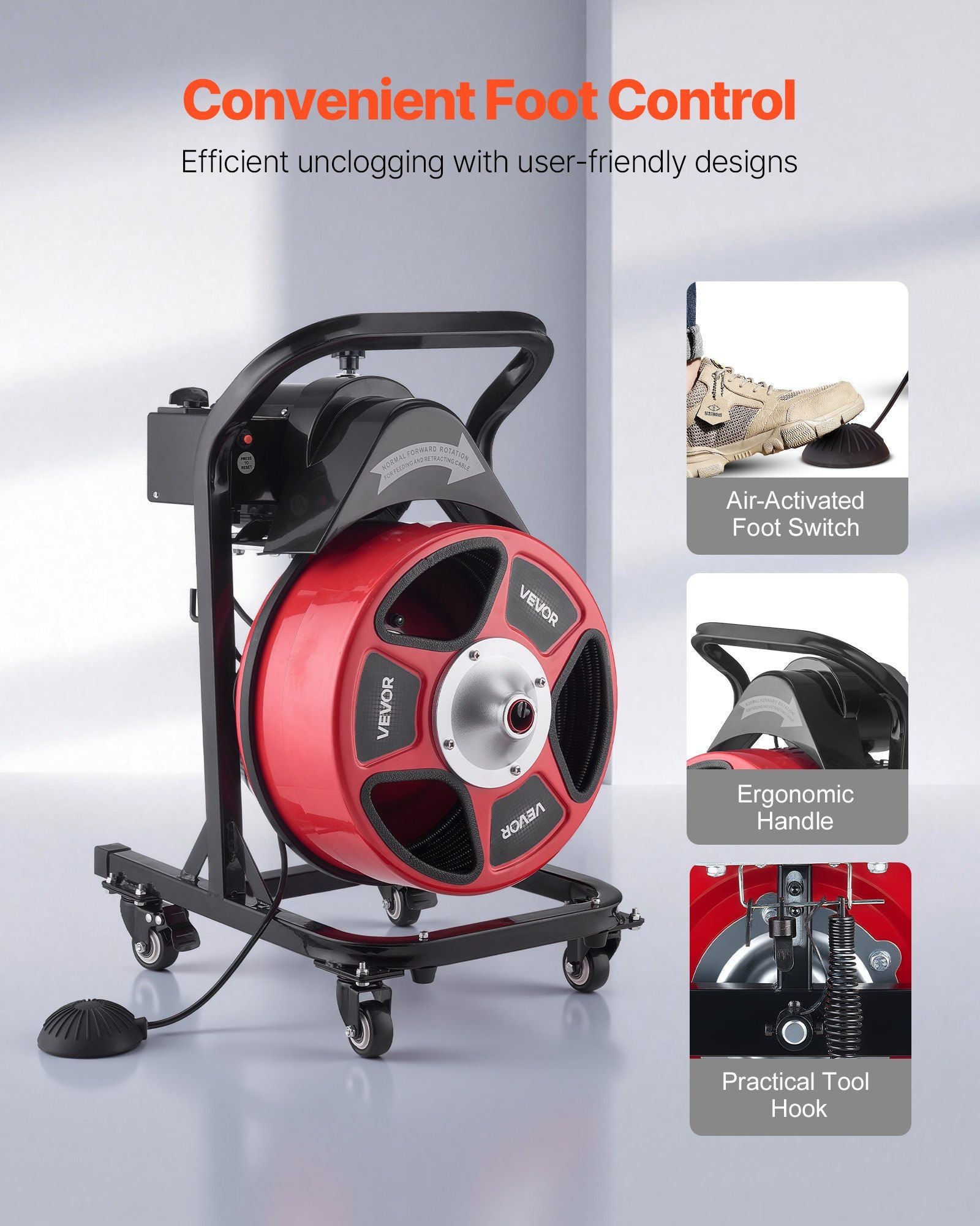 Drain Cleaner Machine 15m x 13mm, Manual Feed Sewer Snake Auger on Wheels - with 4 Cutters & Air-activated V952-SDJJKLSGDSTJWGUIY002V3