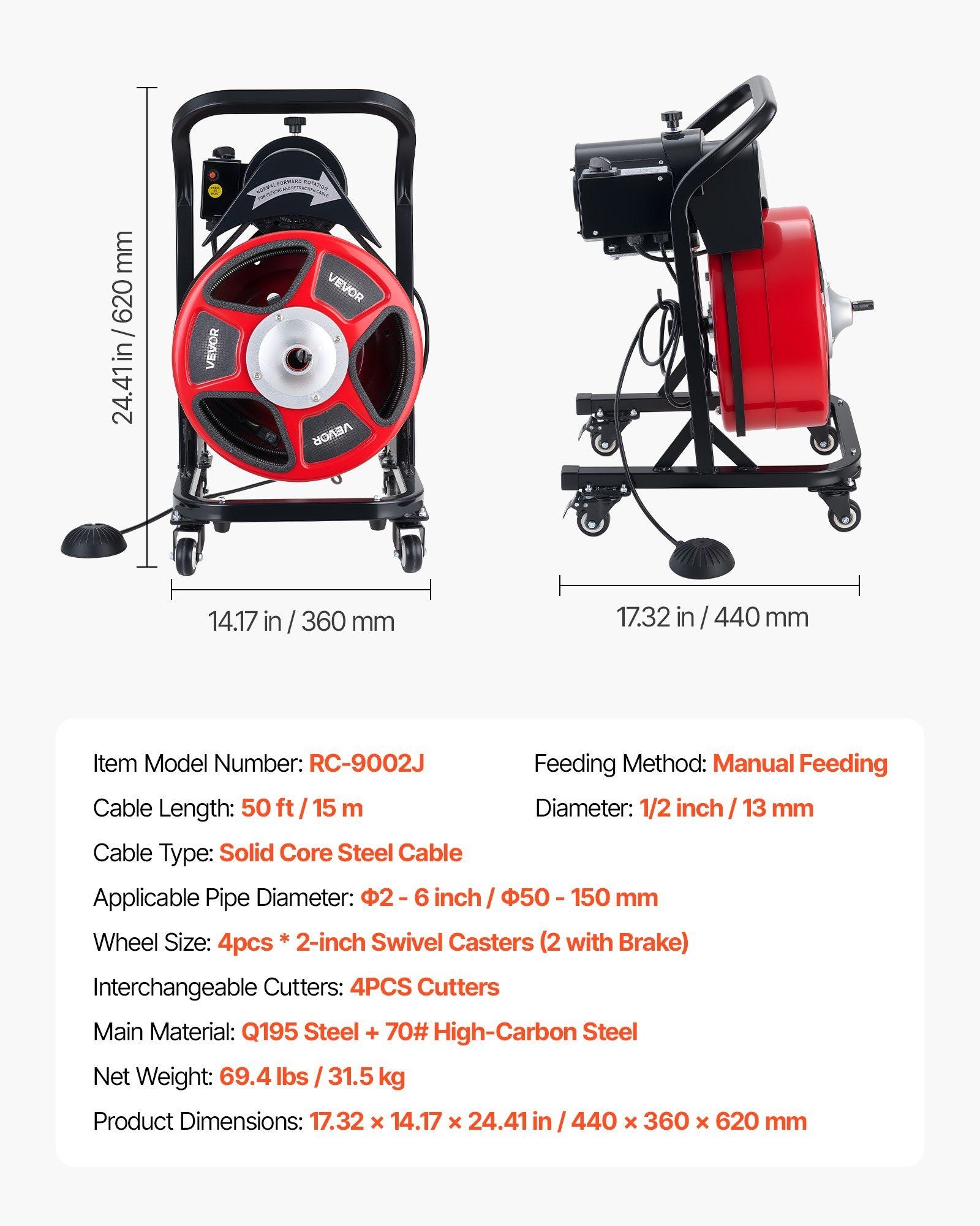 Drain Cleaner Machine 15m x 13mm, Manual Feed Sewer Snake Auger on Wheels - with 4 Cutters & Air-activated V952-SDJJKLSGDSTJWGUIY002V3