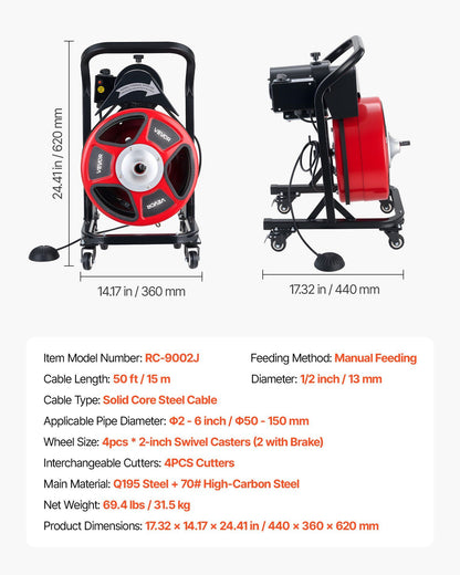 Drain Cleaner Machine 15m x 13mm, Manual Feed Sewer Snake Auger on Wheels - with 4 Cutters & Air-activated V952-SDJJKLSGDSTJWGUIY002V3