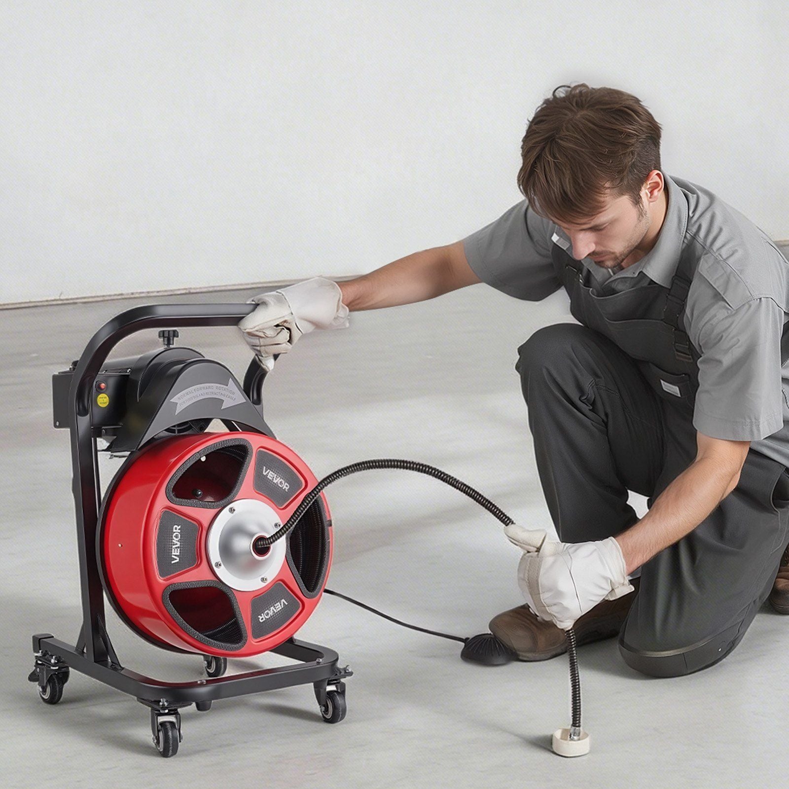 Drain Cleaner Machine 15m x 13mm, Manual Feed Sewer Snake Auger on Wheels - with 4 Cutters & Air-activated V952-SDJJKLSGDSTJWGUIY002V3