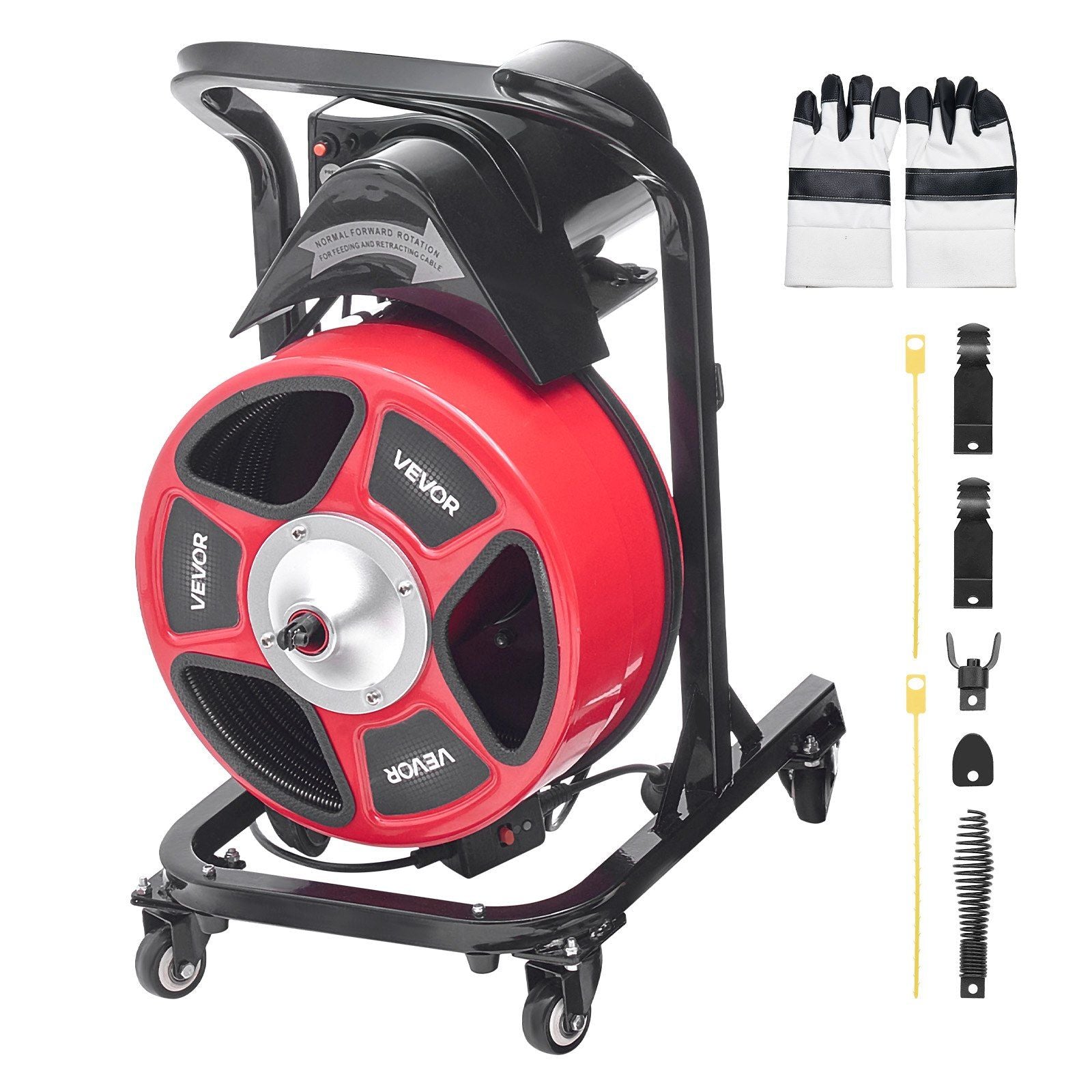 Drain Cleaner Machine 15m x 13mm, Manual Feed Sewer Snake Auger on Wheels - with 4 Cutters & Air-activated V952-SDJJKLSGDSTJWGUIY002V3