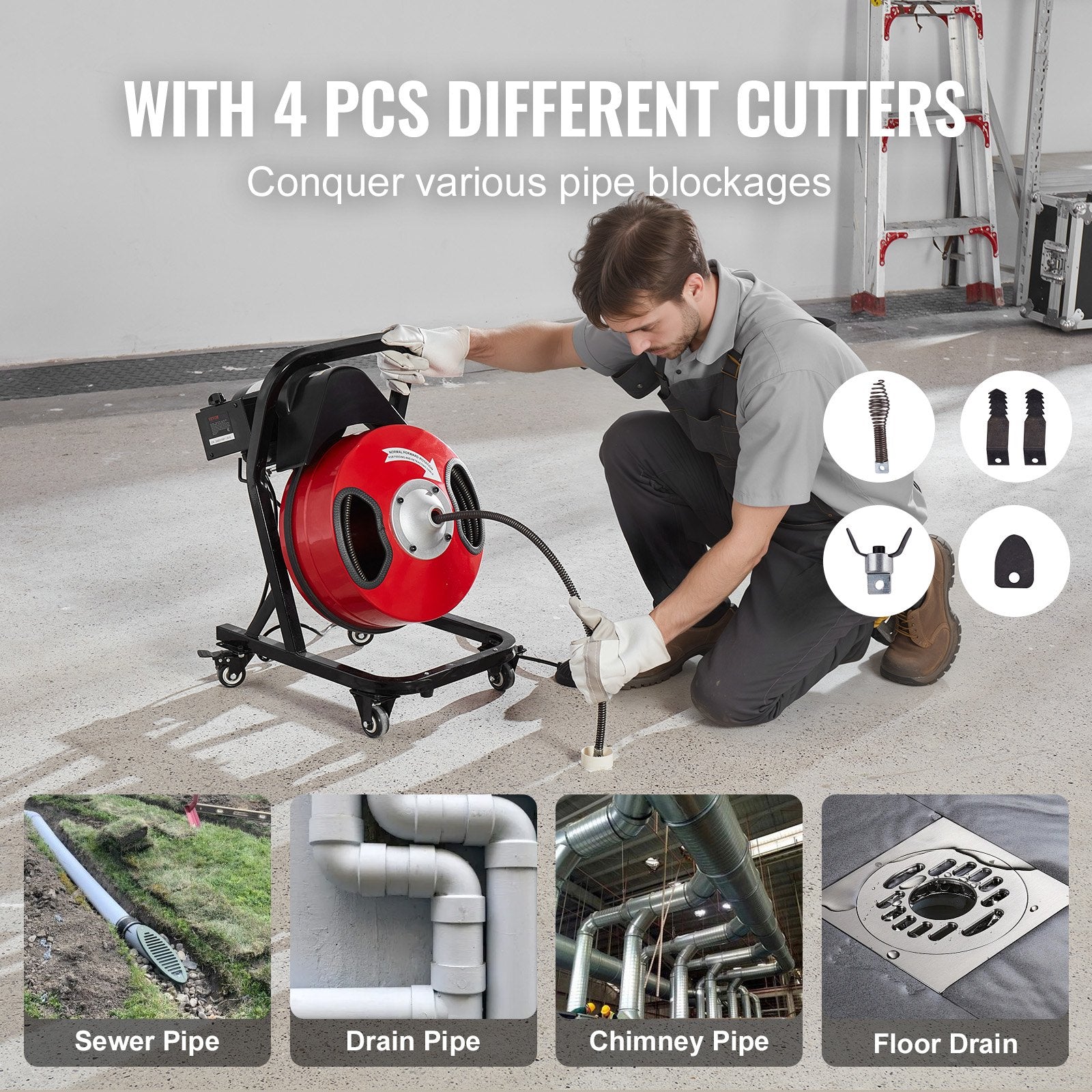 Drain Cleaner Machine 50FT x 1/2 Inch Manual Feed Snake Auger with Wheels V952-SDJJKLSGDSTJWGUIYV3