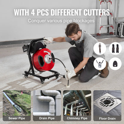 Drain Cleaner Machine 50FT x 1/2 Inch Manual Feed Snake Auger with Wheels V952-SDJJKLSGDSTJWGUIYV3