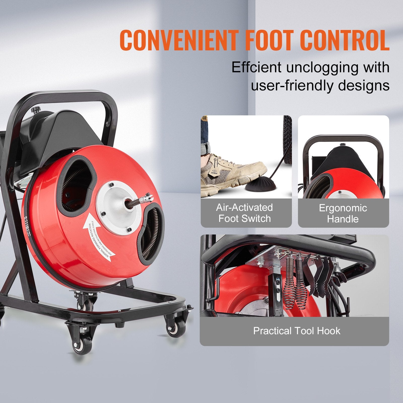 Drain Cleaner Machine 50FT x 1/2 Inch Manual Feed Snake Auger with Wheels V952-SDJJKLSGDSTJWGUIYV3