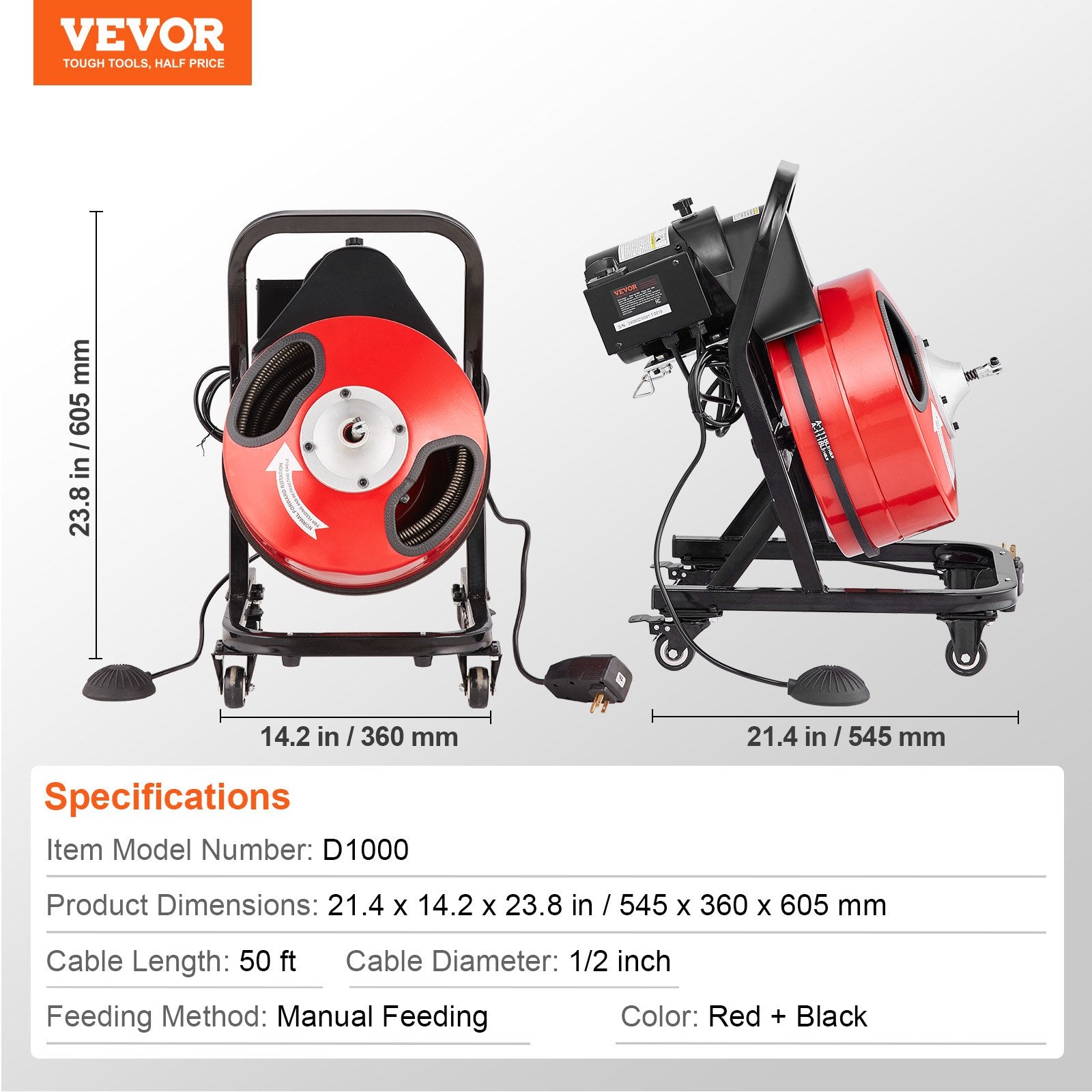 Drain Cleaner Machine 50FT x 1/2 Inch Manual Feed Snake Auger with Wheels V952-SDJJKLSGDSTJWGUIYV3