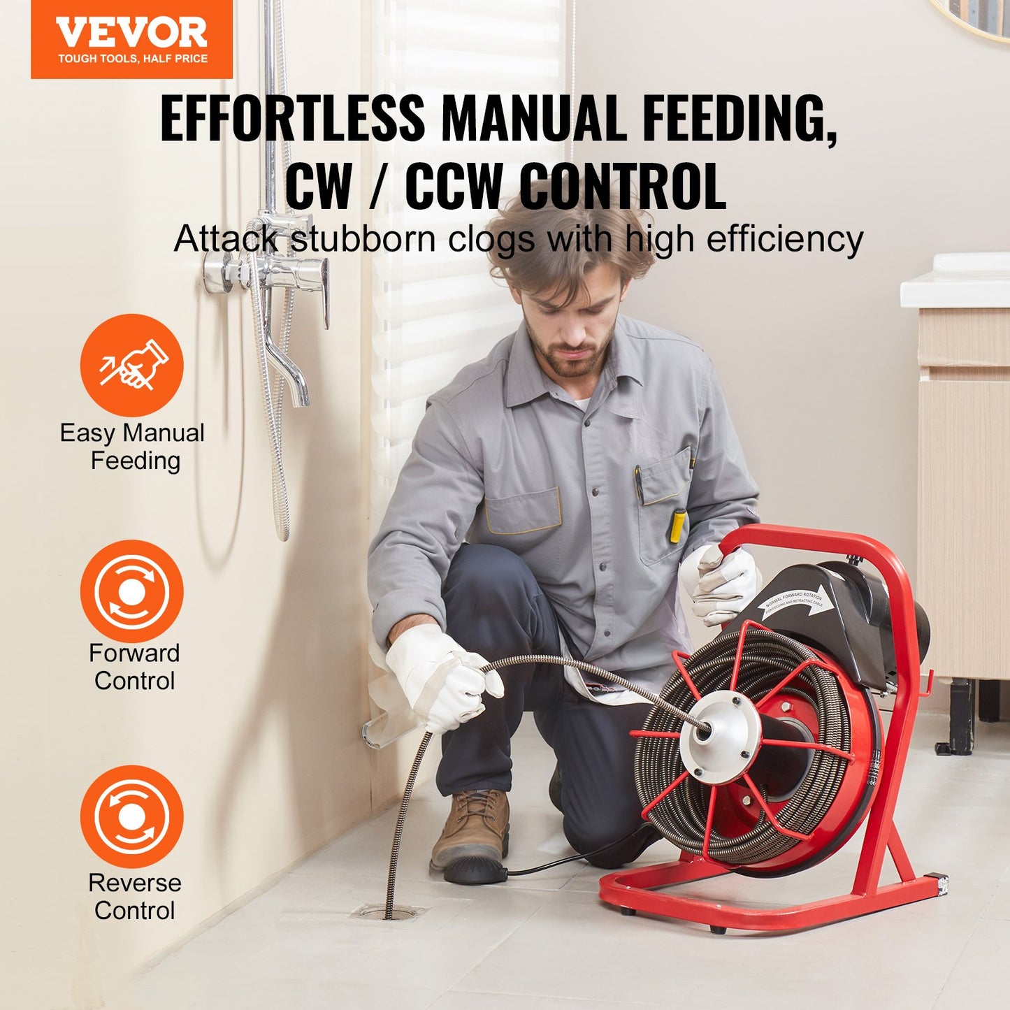 Drain Cleaner Machine Drain Auger 75FT x 3/8 Inch Manual Feed & 4 Cutters V952-SDJJKLSGDSTJXKYV3V3