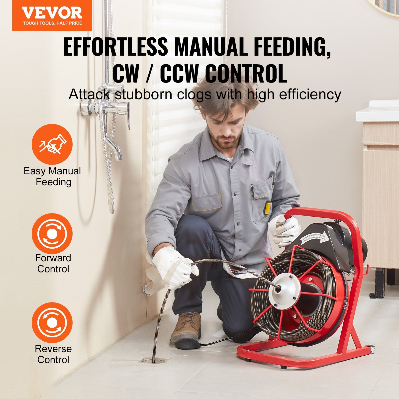 Drain Cleaner Machine Drain Auger 75FT x 3/8 Inch Manual Feed & 4 Cutters V952-SDJJKLSGDSTJXKYV3V3