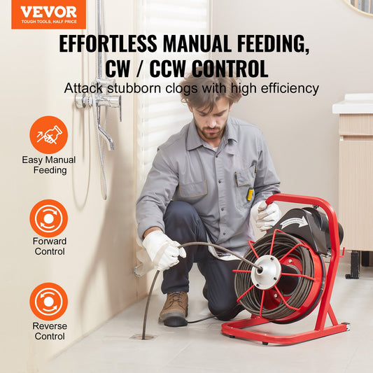 Drain Cleaner Machine Drain Auger 75FT x 3/8 Inch Manual Feed & 4 Cutters V952-SDJJKLSGDSTJXKYV3V3
