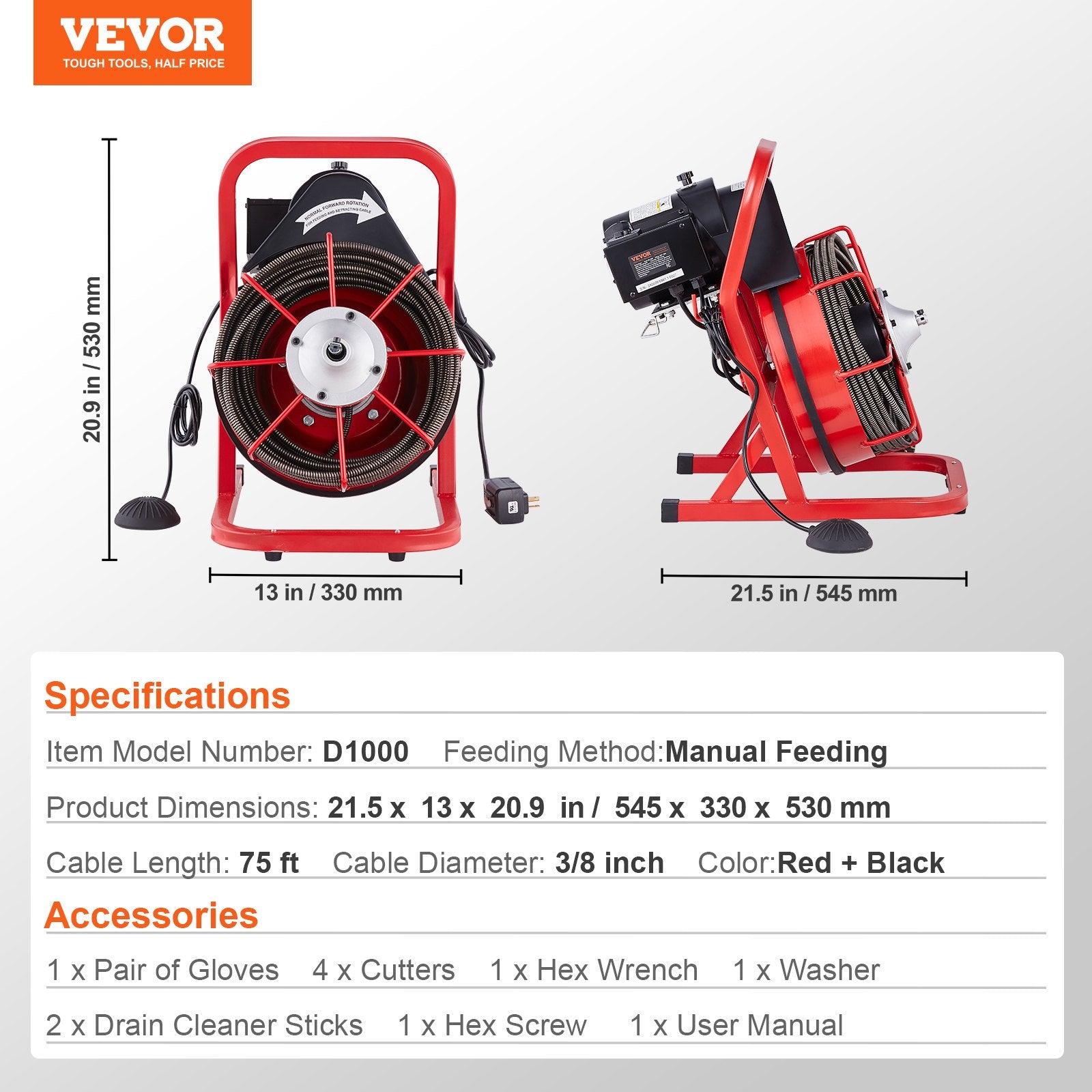 Drain Cleaner Machine Drain Auger 75FT x 3/8 Inch Manual Feed & 4 Cutters V952-SDJJKLSGDSTJXKYV3V3