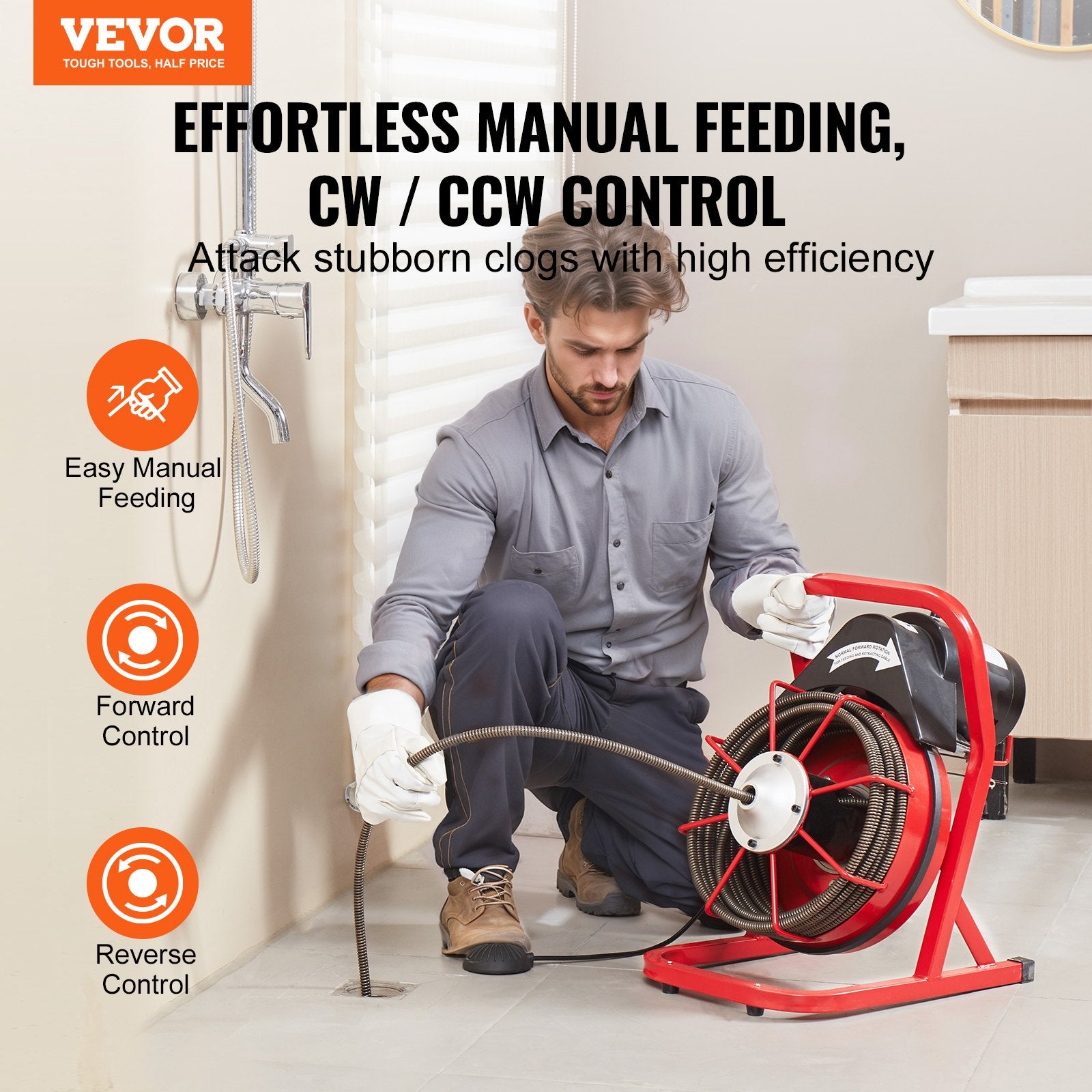 Drain Cleaner Machine Drain Auger 50FT x 1/2 Inch Manual Feed & 4 Cutters V952-SDJJKLSGDSTJZQNLAV3