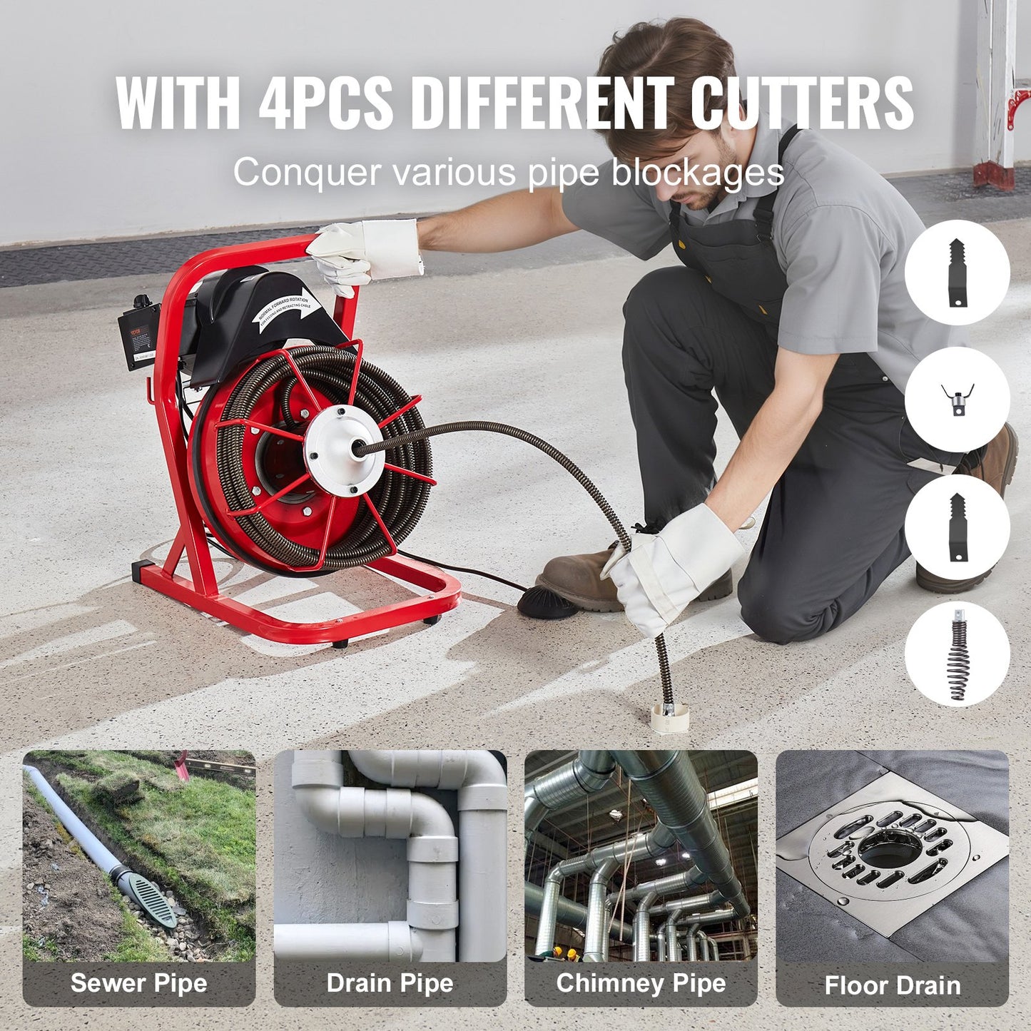 Drain Cleaner Machine Drain Auger 50FT x 1/2 Inch Manual Feed & 4 Cutters V952-SDJJKLSGDSTJZQNLAV3