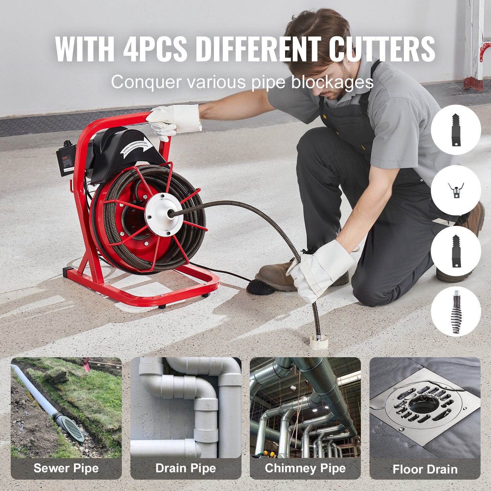 Drain Cleaner Machine Drain Auger 50FT x 1/2 Inch Manual Feed & 4 Cutters V952-SDJJKLSGDSTJZQNLAV3