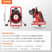 Drain Cleaner Machine Drain Auger 50FT x 1/2 Inch Manual Feed & 4 Cutters V952-SDJJKLSGDSTJZQNLAV3