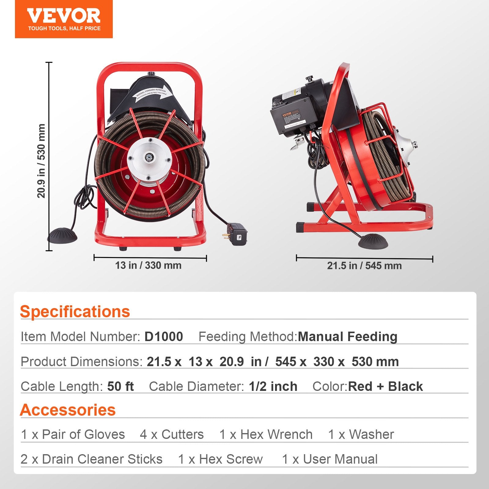 Drain Cleaner Machine Drain Auger 50FT x 1/2 Inch Manual Feed & 4 Cutters V952-SDJJKLSGDSTJZQNLAV3