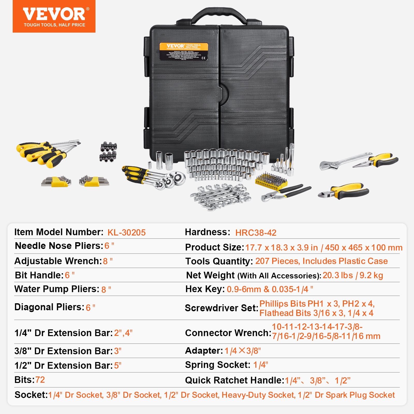 207-Piece Mechanics Tool Set 1/4" 3/8" 1/2" Drive Sockets SAE and Metric V952-SDJXGJTZ14384PX0VV0