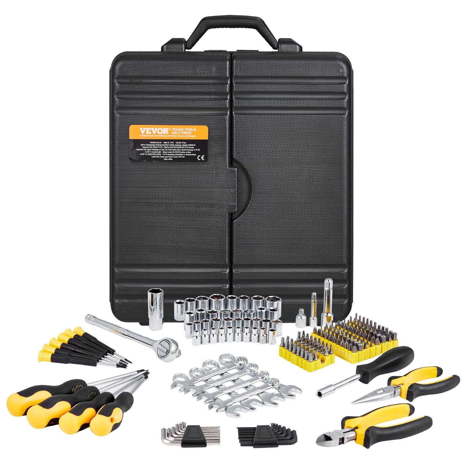 221-Piece Mechanics Tool Set, 1/4" and 3/8" Drive Sockets, SAE and Metric Mechanic Tool Kit with Bits, V952-SDJXGJTZ1438DIX1BV0